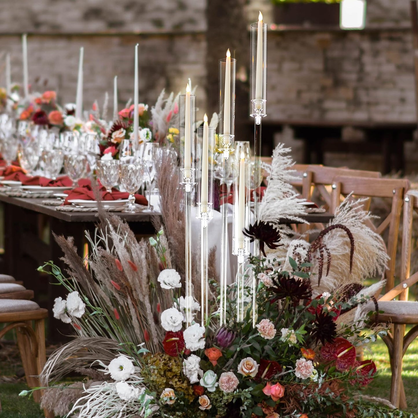 Tessco for you 2 Set 5 Arms Acrylic Candelabra Centerpieces 46.4'' Tall Clear Candle Holders Wedding Table Centerpiece Floor Candle Stand with Acrylic Shade Fit 0.8'' LED Candles for Home Party