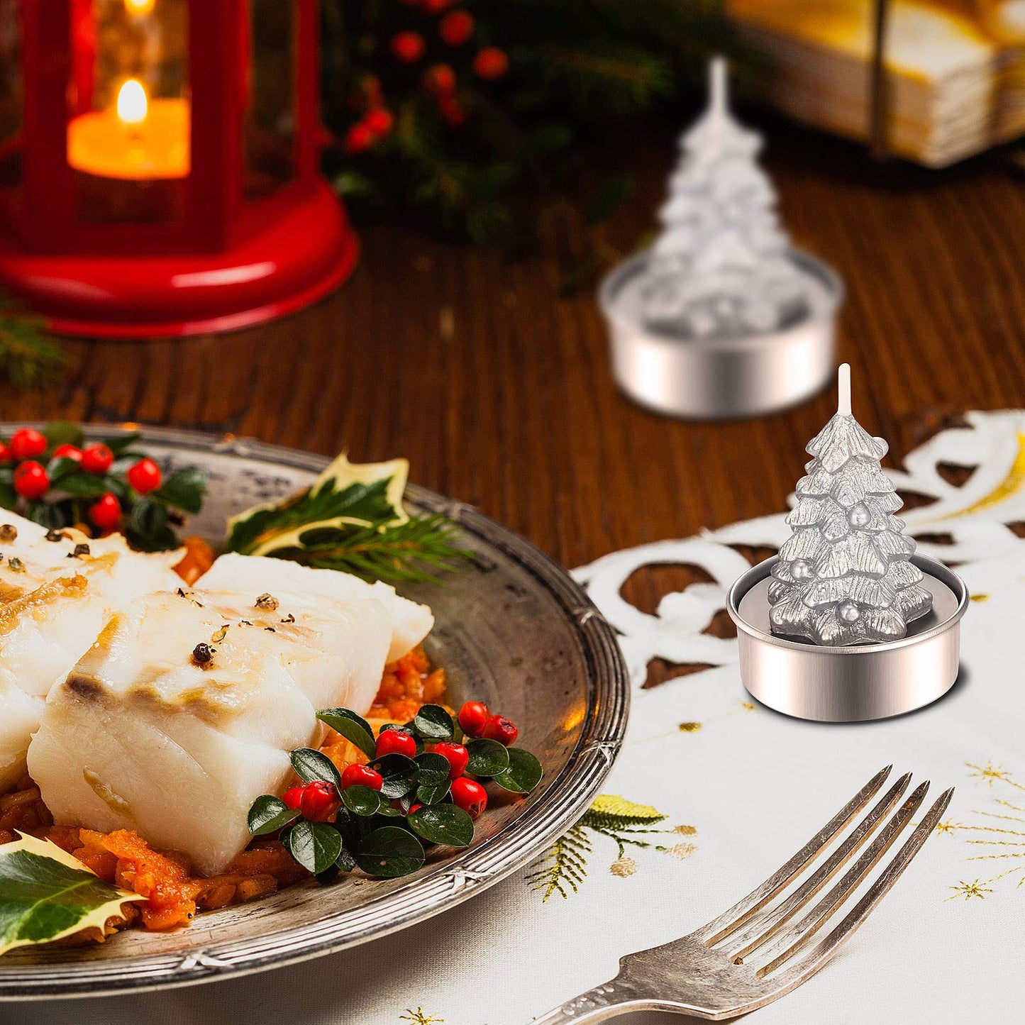 12 Pieces Christmas Tree Tealight Candles Handmade Delicate Tree Candles for Christmas Home Decoration Gifts (Silver)