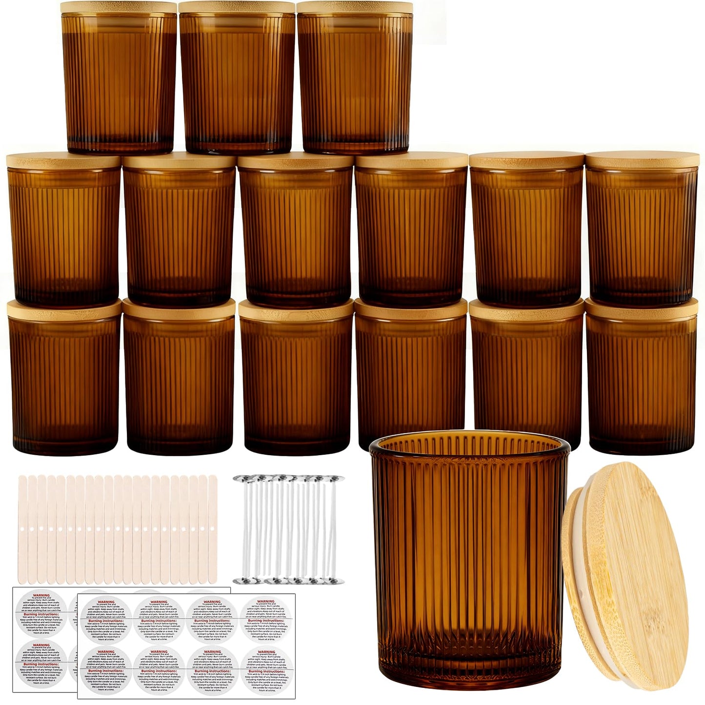 CONNOO 16pcs Ribbed Candle Glass Jars with Natural Bamboo Lids, 7oz Thick Containers for Candle Making with Wicks & Stickers, Ribbed Amber Jars for DIY Projects, Bulk Orders, Gifts & Home Décor