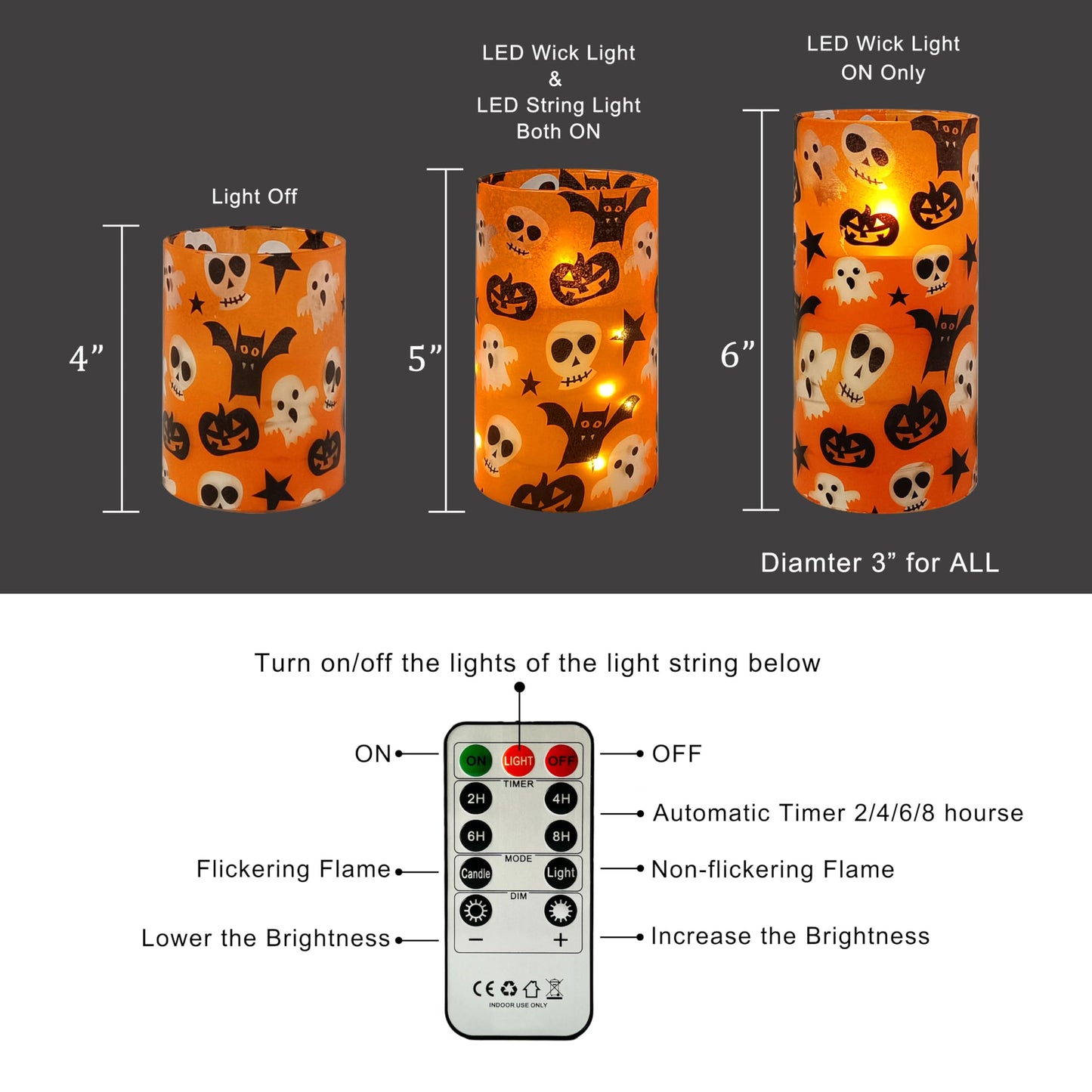 Flickering Flameless Candles Halloween Pumpkin Ghost Print, Embedded Star String Lights, Battery Operated Acrylic LED Pillar Candles with 11-Key Remote and Timer for Home Decoration, 3 Pack