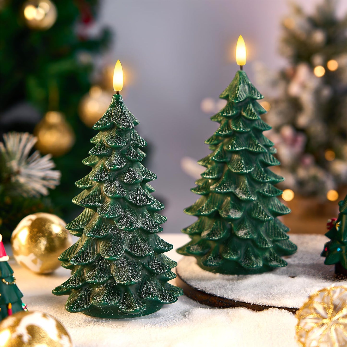 SURAIELEC Battery Operated Christmas Tree Candles, 6-Hour Timer Flameless Tree Candles, Real Wax Finish, Flickering LED Candle, 9'' Christmas Candlesticks for Window, Mantel, Dining Table, 2-Pack