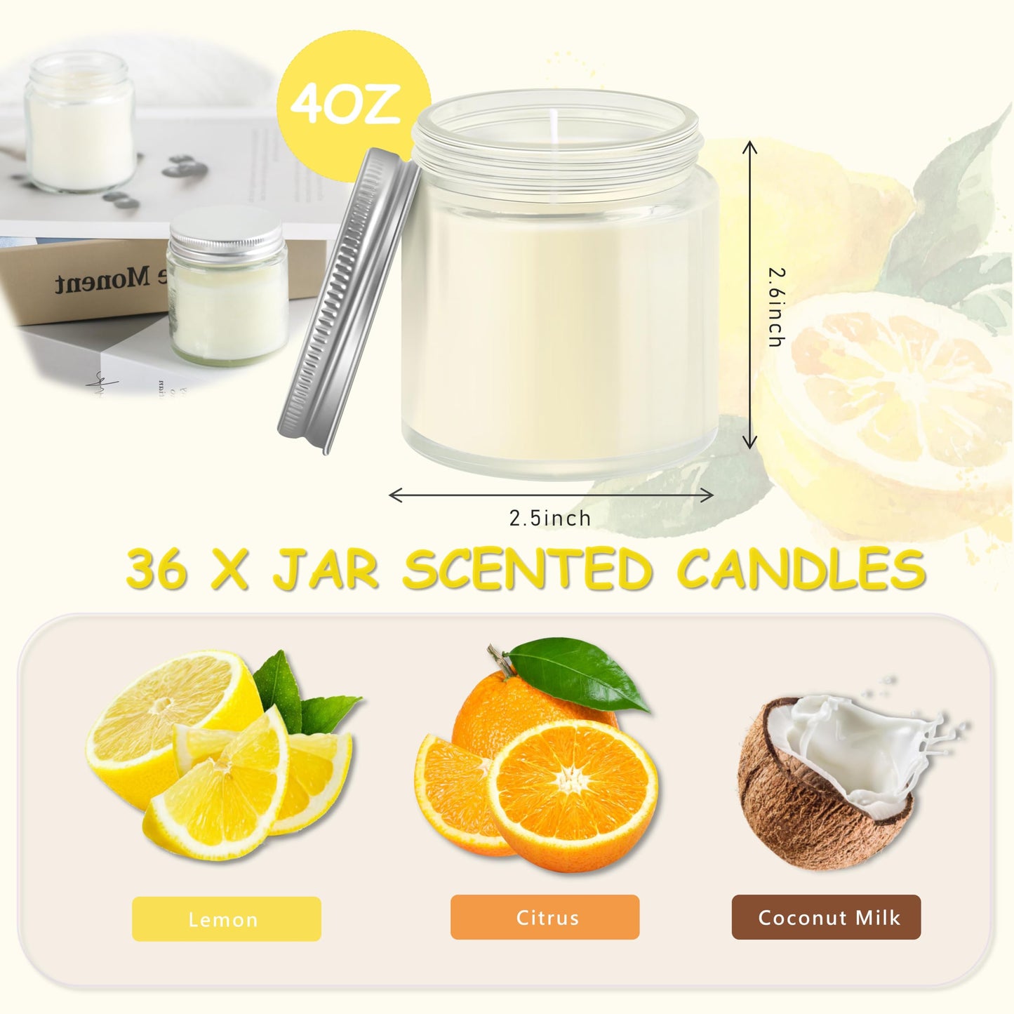 ACITHGL 36 Pcs 4oz Mini Mason Jar Candles Small Scented Candles Bulk Aromatherapy Ideal Souvenir Favors for Wedding Birthday Party (Lemon, Citrus, Coconut Milk, Silver)