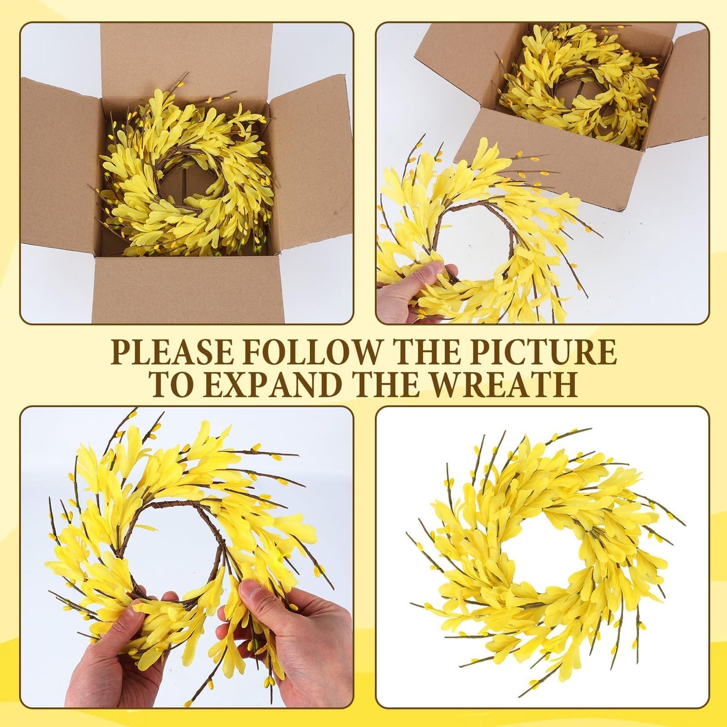 6 PCS Spring Forsythia Wreath Candle Rings Artificial Forsythia Farmhouse Candle Rings Pillar Holder Wreath Mini Spring Summer Floral Candle Rings for Rustic Wedding Home Table Centerpiece Decor