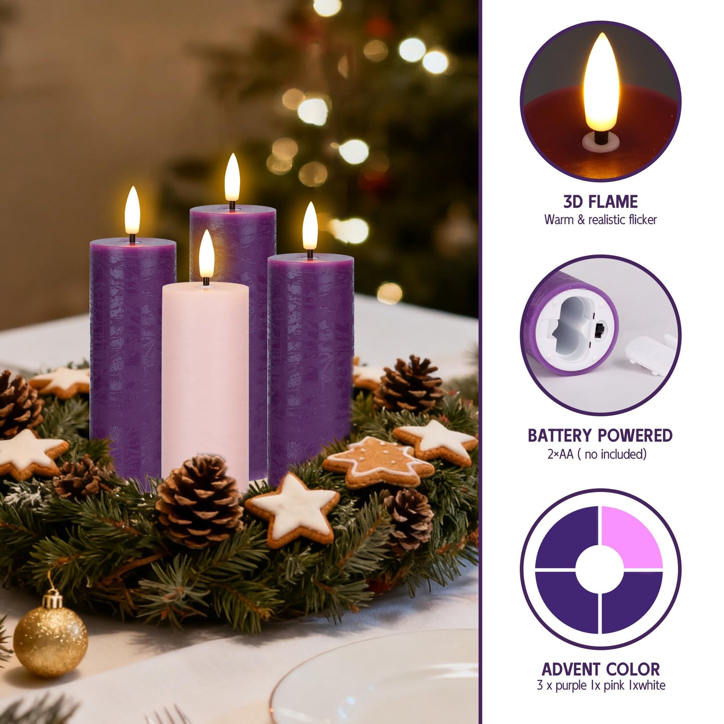 AFINETH Flameless Advent Candles Set of 4, Real Wax Advent Pillar Candles Battery Operated 9.6", Purple and Pink Christmas LED Candle for Wreath, Christ, Home, Church, Catholic Decoration