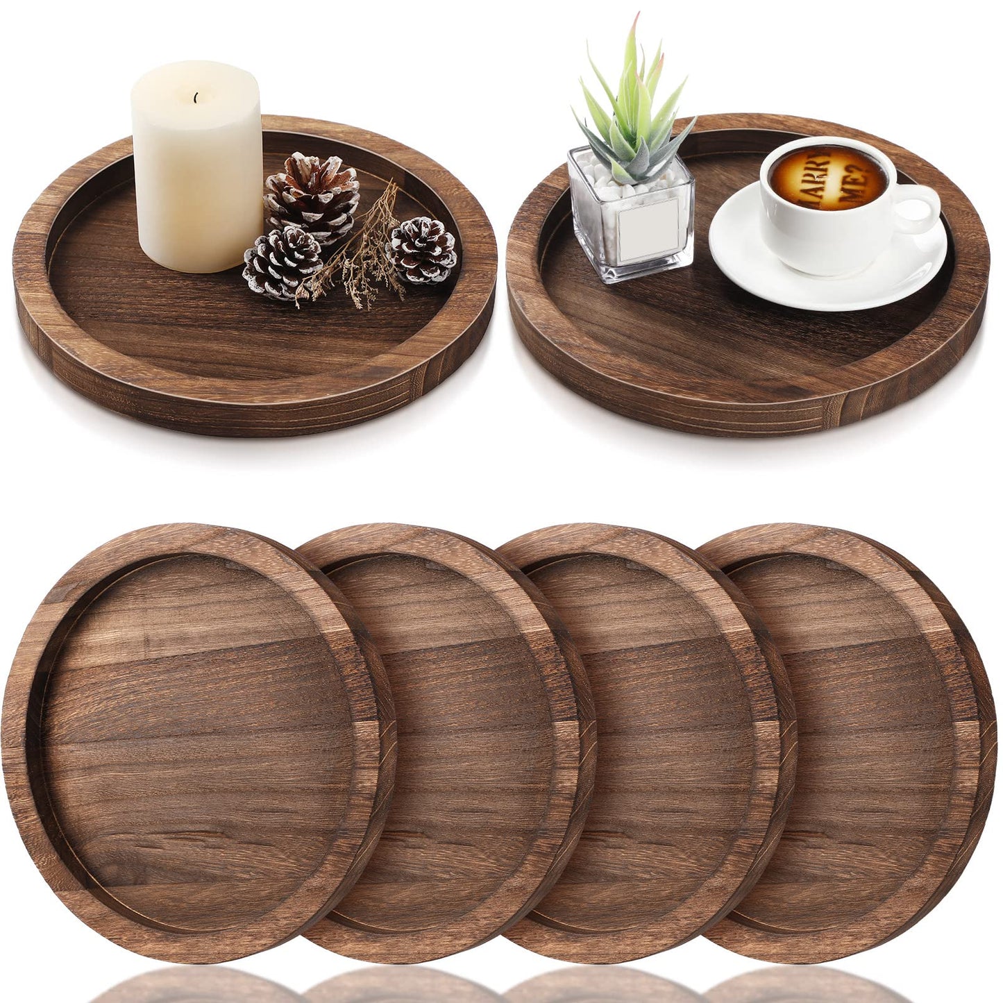 Sintuff 6 Pcs Rustic Wood Decorative Tray Round Wooden Serving Farmhouse Tray Decorative Candle Holder Serving for Kitchen Centerpiece Home Decor(Brown)