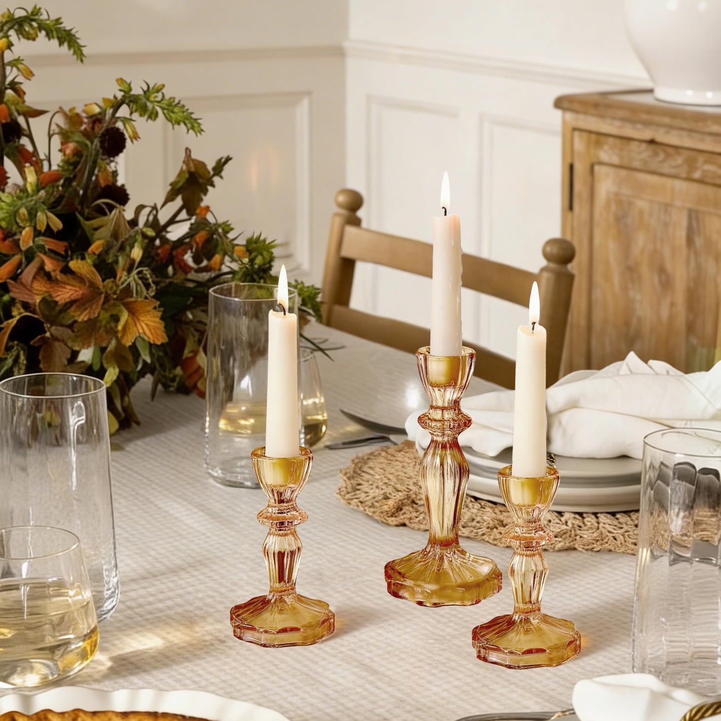 CHOCSTAY Glass Candlestick Holders Set of 3, Amber Stripe Taper Candle Holders for Table Centerpiece, Home Decorations, Wedding and Party