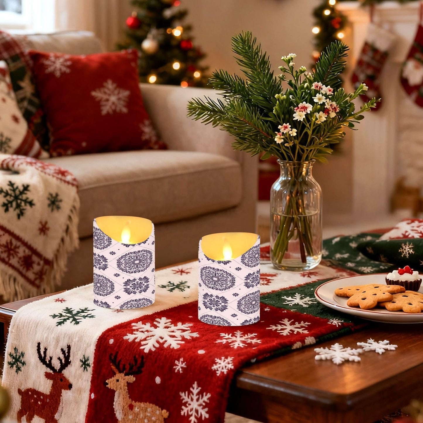 Gravopti Mandala Tile 2 Pack Flameless LED Pillar Candles with Remote & Timer, Battery Operated, Flickering Wax Candle for Wedding, Romantic Home & Party Decor