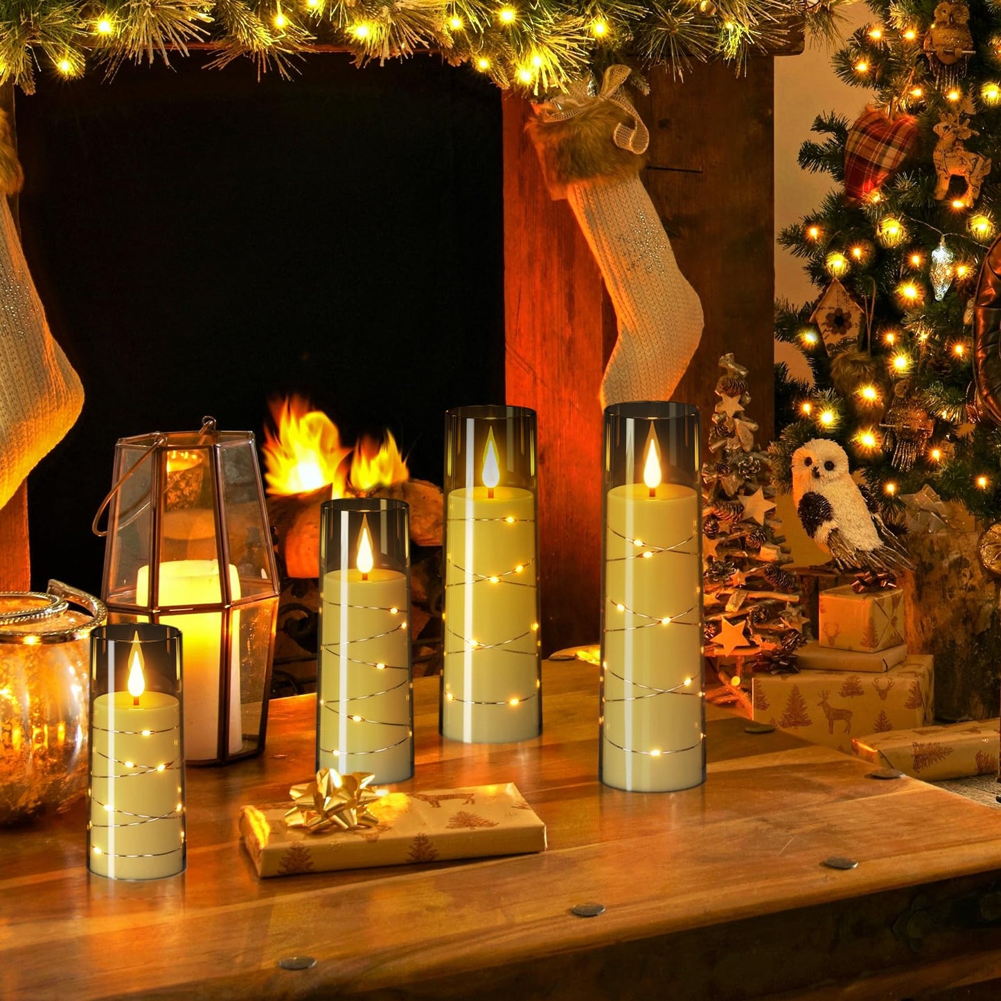 Wondise Flameless Flickering Candles with Embedded Star String Remote and Timer Battery Operated Flickering LED Candles Durable Acrylic Shell Pillar Candles for Christamas Home Decoration (Grey