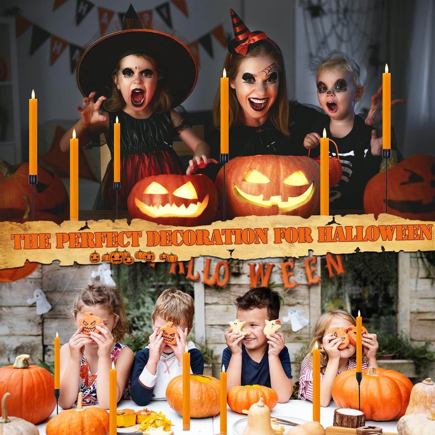 AFINETH Orange Flameless Taper Candles, 9.6" Fall Candles with Remote, Real Wax Battery Operated Candlesticks Flickering, Flameless Led Candle for Fall, Thanksgiving, Harvest, Halloween Decor, 6 Pack