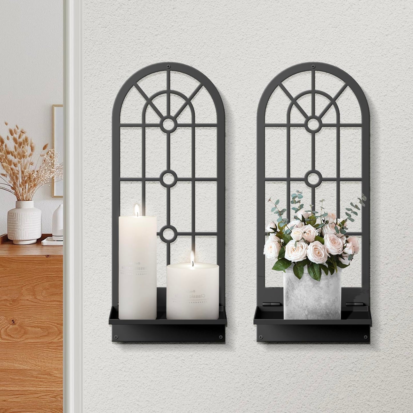 Wall Candle Holder, Black Boho Metal Wall Art Decor, Bohemian Line Wall Candle Holder for Living Room, Dining Room, Bedroom, Bathroom (16.5 x 7 in)