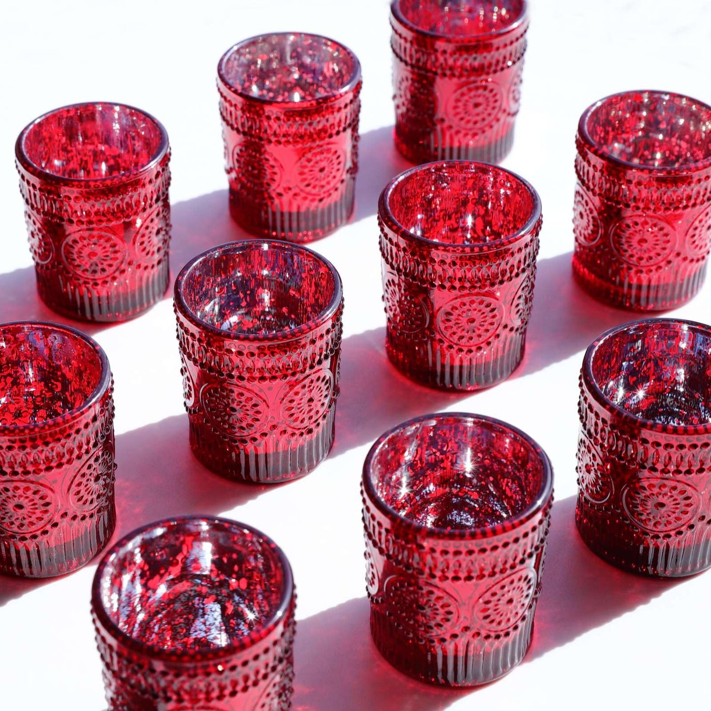 VOHO Red Mercury Glass Candle Holder Set of 12, Boho Sunflower Red Votive Candle Holders for Table Centerpiece, Festive Tealight Candle Holder for Christmas, Thanksgiving, Valentines Day Decorations