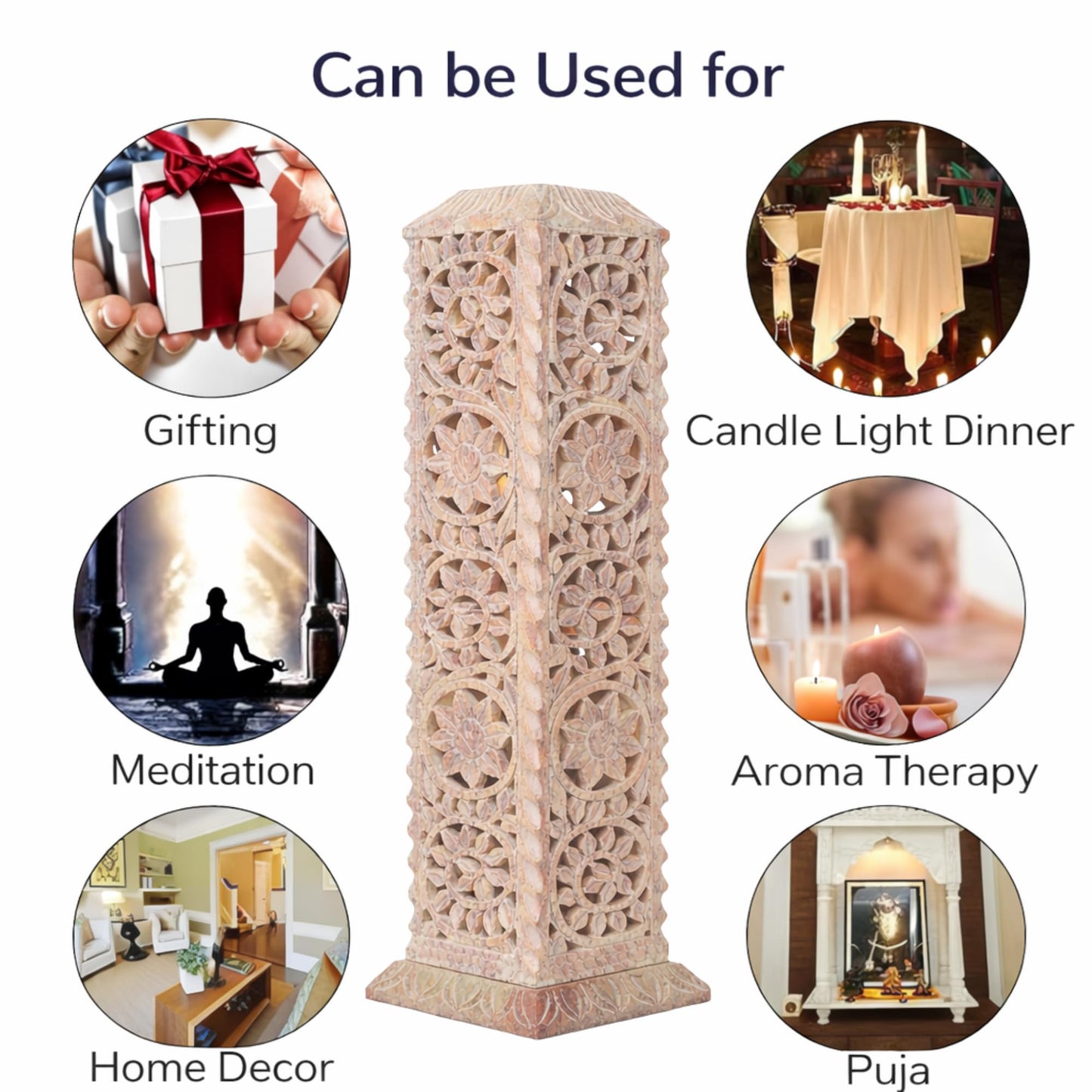 Carry Me Handmade Marble Soapstone Incense Stick Burner | Candle Stick Holder | Tea Light Stand - Floral Carving for Gifting. Decorative Incense Tower for Home and Office Decor. (3x3x11 Inches)