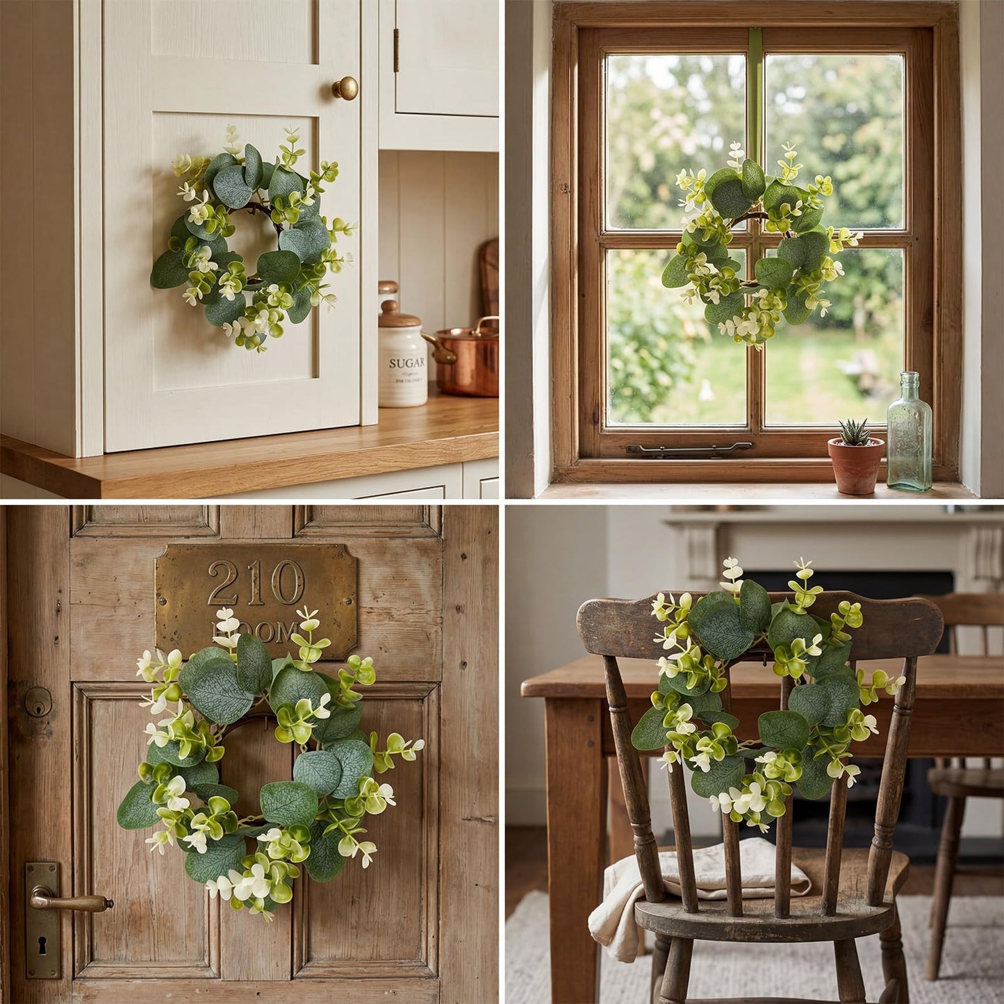 Yunlly 4 Pcs Candle Wreaths Rings Artificial Eucalyptus Wreaths Candle Holder Rings with LED Flameless Candles, 9.5" Wide for Wedding Windows Table Centerpieces, Green and White