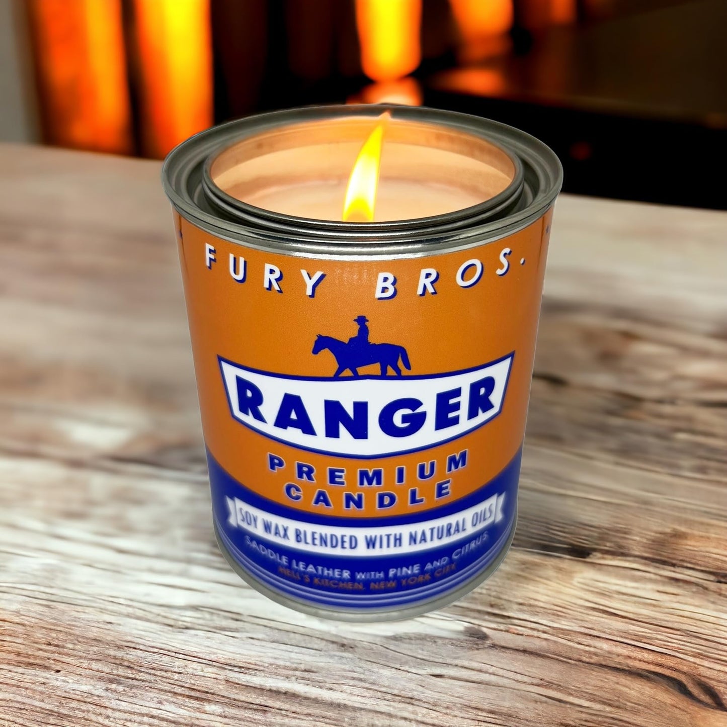Fury Bros. Scented Candles for Men | Ranger | Saddle Leather Pine Citrus | Natural Soy Wax | Hand-Poured in the USA | Long 70-80 Hour Burn (12.5 oz) | Vintage-Inspired Tin Design | Dad Home Gift