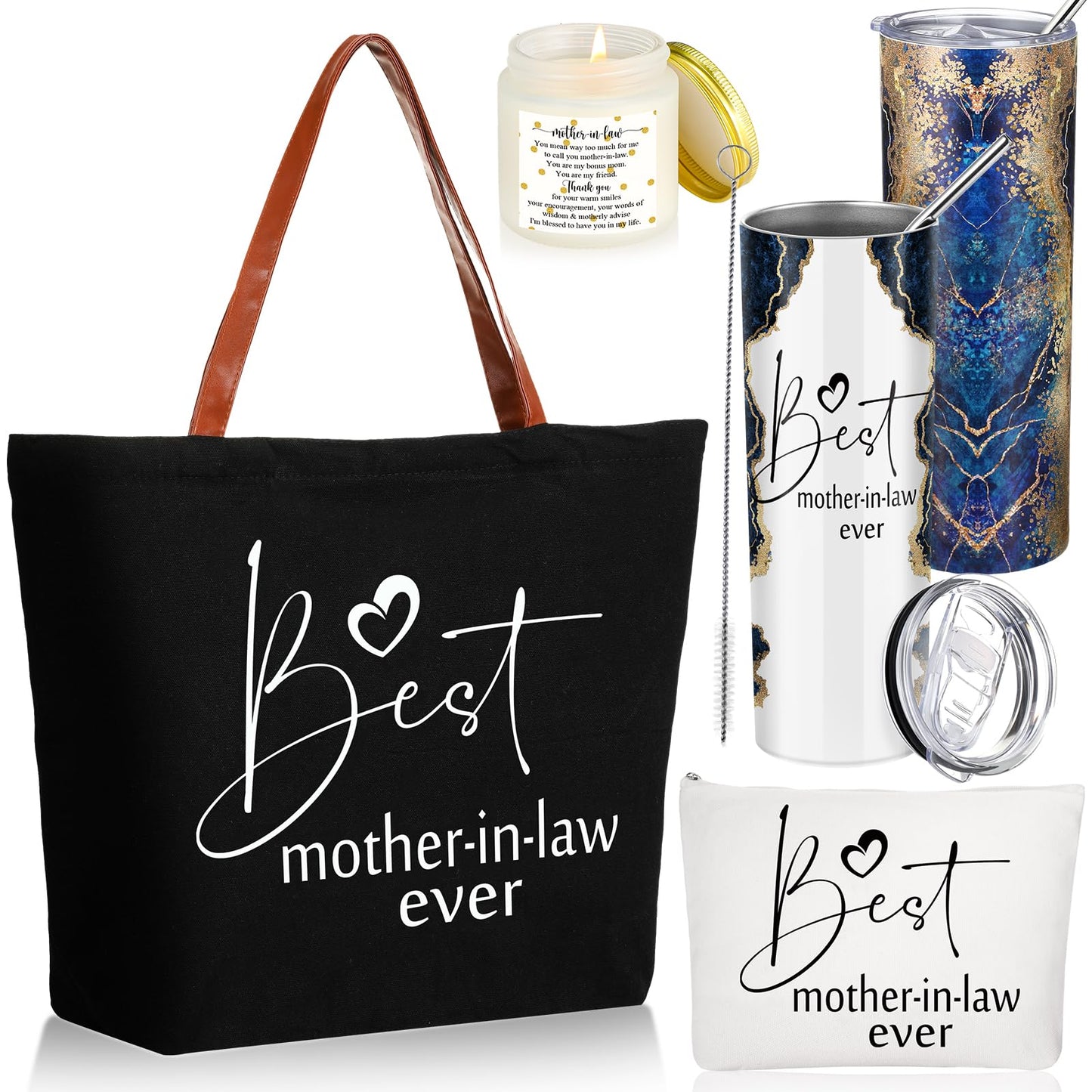 Domensi 4 Pack Mom Gifts Best Mother in Law Ever Gift Tote Bag 20oz Tumbler Cup Makeup Bag Mother in Law Scented Candle for Mothers Day Women(Navy Blue)