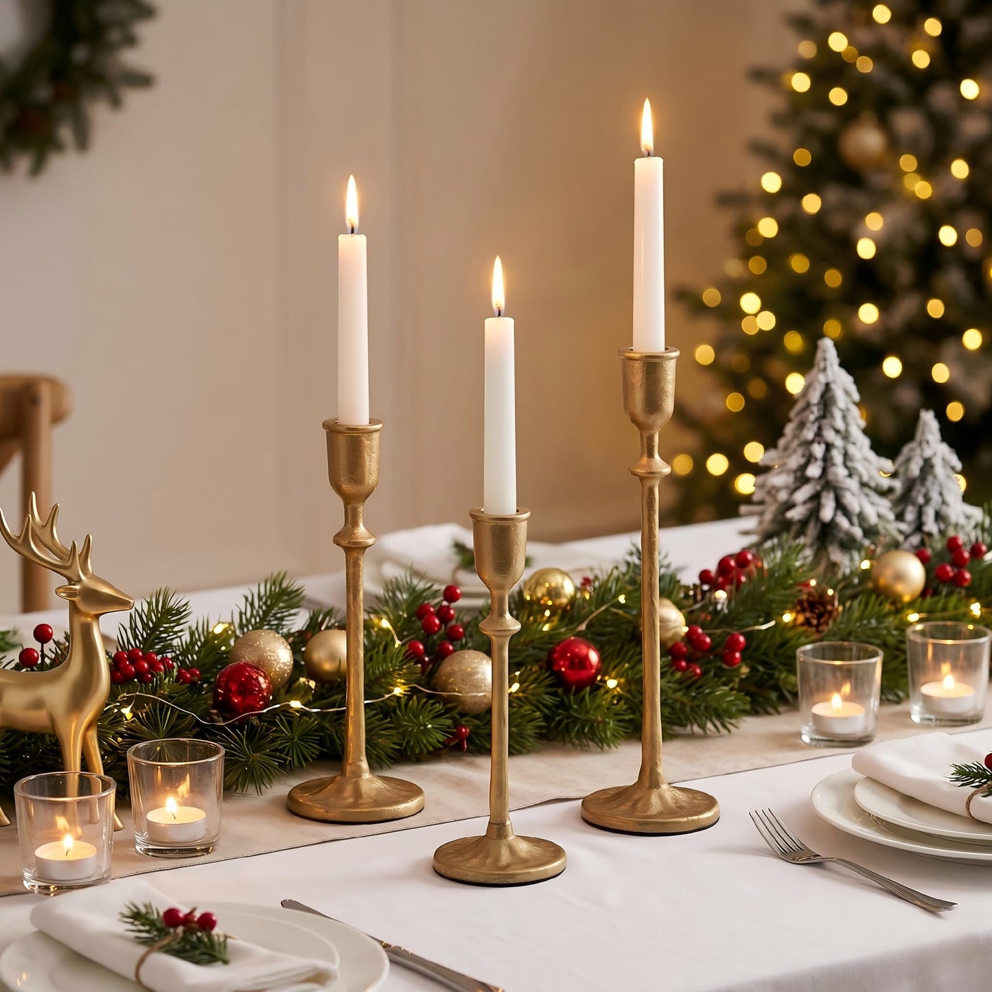PUKUPIG Candlestick Holders, Set of 3 Taper Candle Holders with Heavy Duty Weighted Base, Matte Brass Gold Metal Stands for Wedding, Mantel & Table Decor, Fits 3/4" & 7/8" Candles