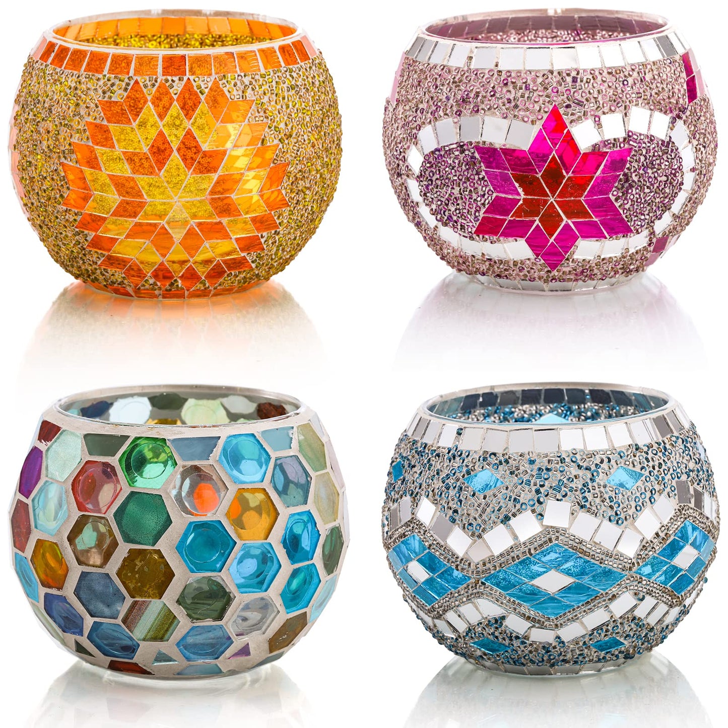 Okllen 4 Pack Glass Votive Candle Holders, Mosaic Tealight Bowls Round Decorative Candle Holder, Handmade Romantic LED Candle Lamps Holder for Home, Table, Party, Wedding Decor, 4 Styles