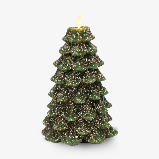 Luminara Christmas Tree Flameless LED Candle, Dark Green 5.35" x 8.5", Moving Flame Battery Operated Timer, Holiday Decor, Glitter Snow Finish Safe