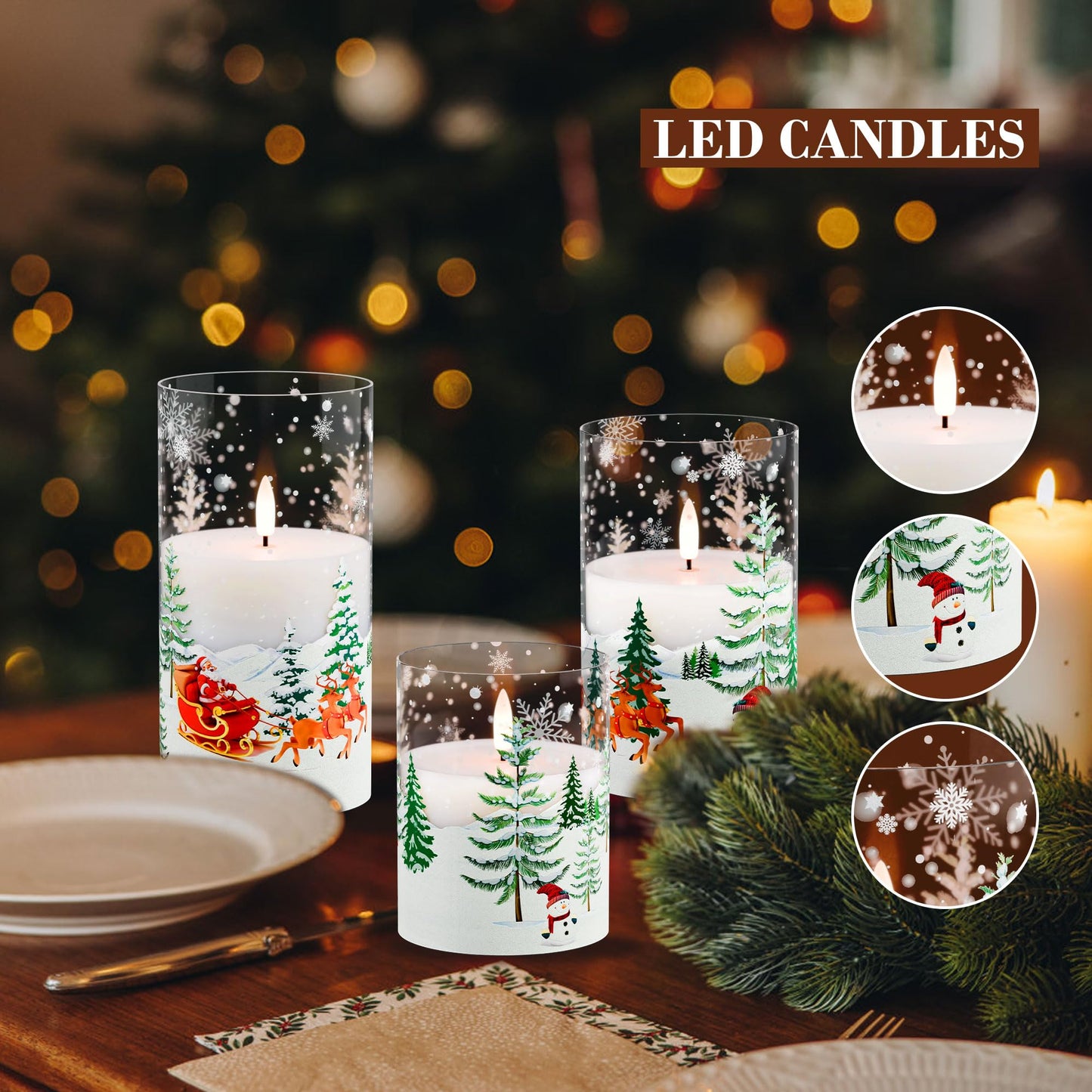 AFINETH Christmas Flameless Candles with Remote, Glass Santa Claus Battery Operated Candles, Real Wax Flickering LED Pliiar Candles for Xmas, Holiday, Home Decor, Set of 3