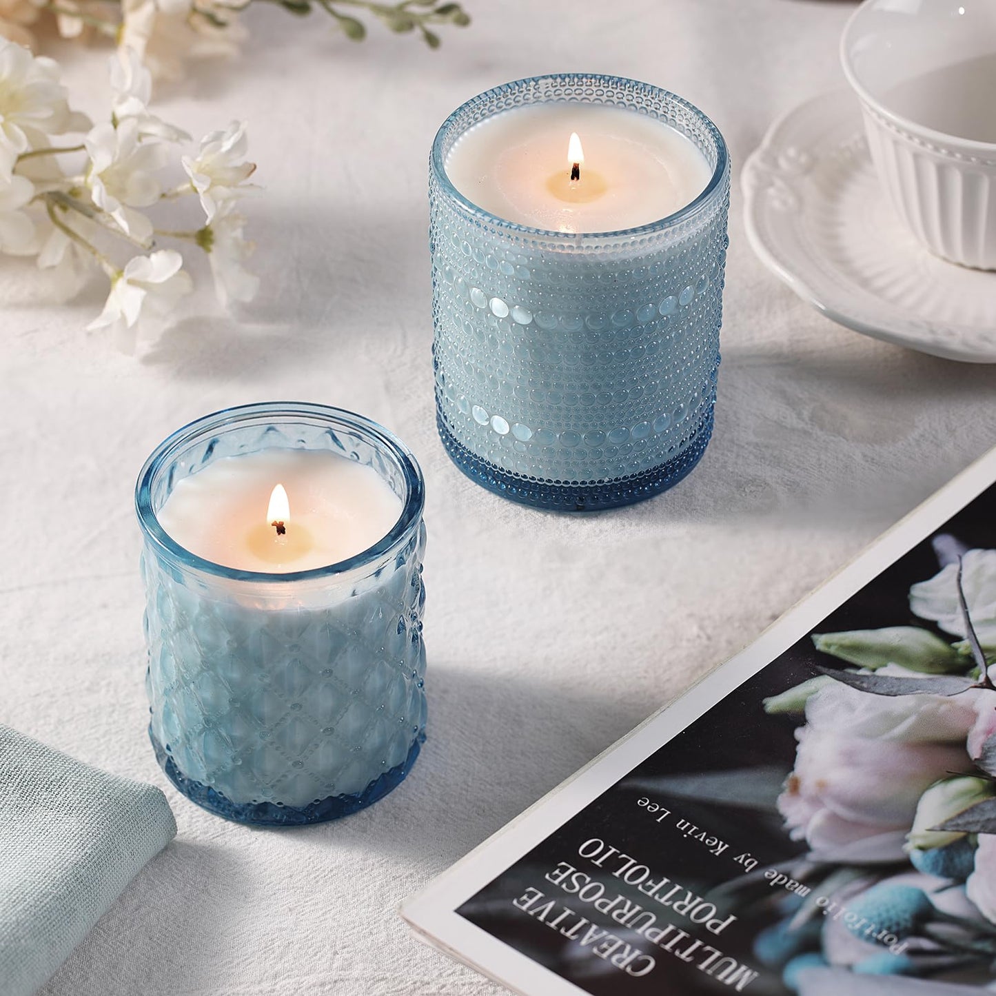 DARJEN 12 Pack Blue Candle Jars for Making Candles- 3 Styles Glass Candle Making Jars Bulk with Bamboo Lids and Labels, Candle Making Supplies Candle Vessels for DIY Gifts