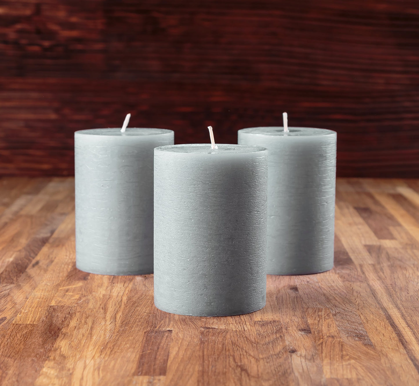 Melt Candle Company Set of 3 Pillar Candles 3" x 4" Unscented Handpoured Weddings, Home Decoration, Restaurants, Spa, Church Smokeless Cotton Wick - Grey