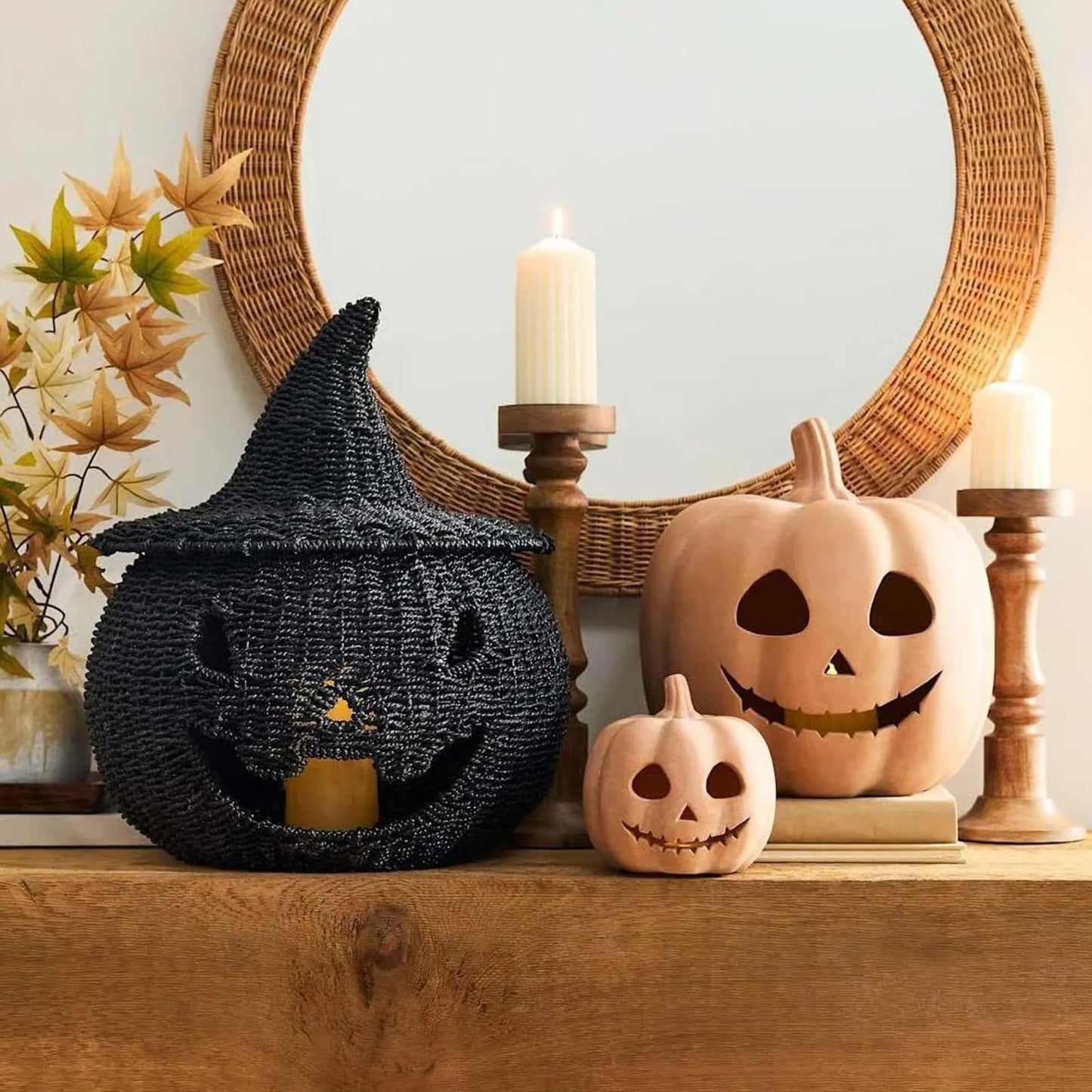 Hand Knit Pumpkin Halloween Fall Decor, Halloween Pumpkin Lantern Tea Light Candle Holder, Table Centerpieces Halloweens Decor,Desk Storage Ornaments for Home Holiday for Hallway Bedroom Home
