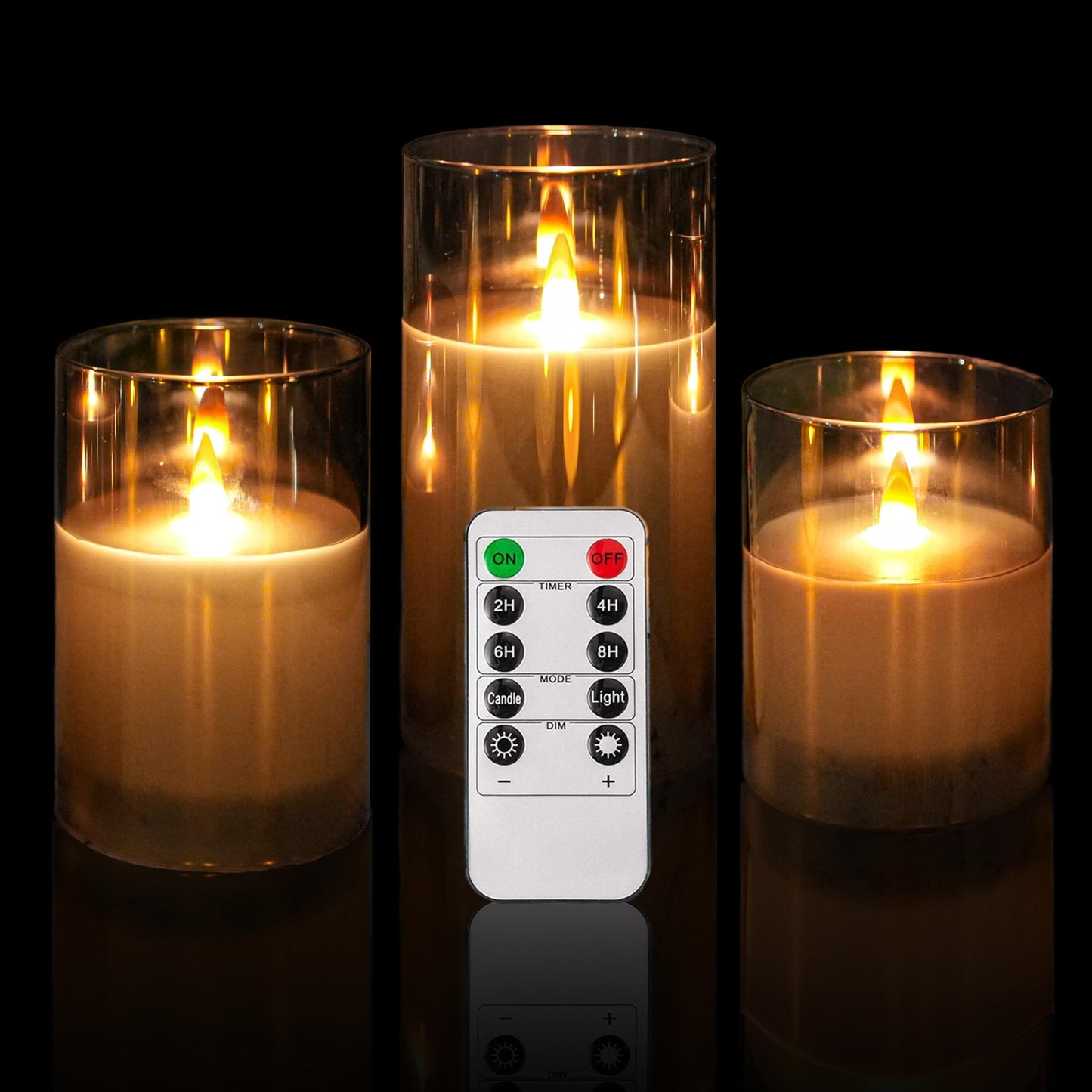 NICEME Clear Glass Flameless Candles Battery Operated with Remote Timer, Real Wax LED Pillar Candles with Flickering Flame Pure White Radiance Evanescing Fake Candles for Wedding Home Decor, Set of 3