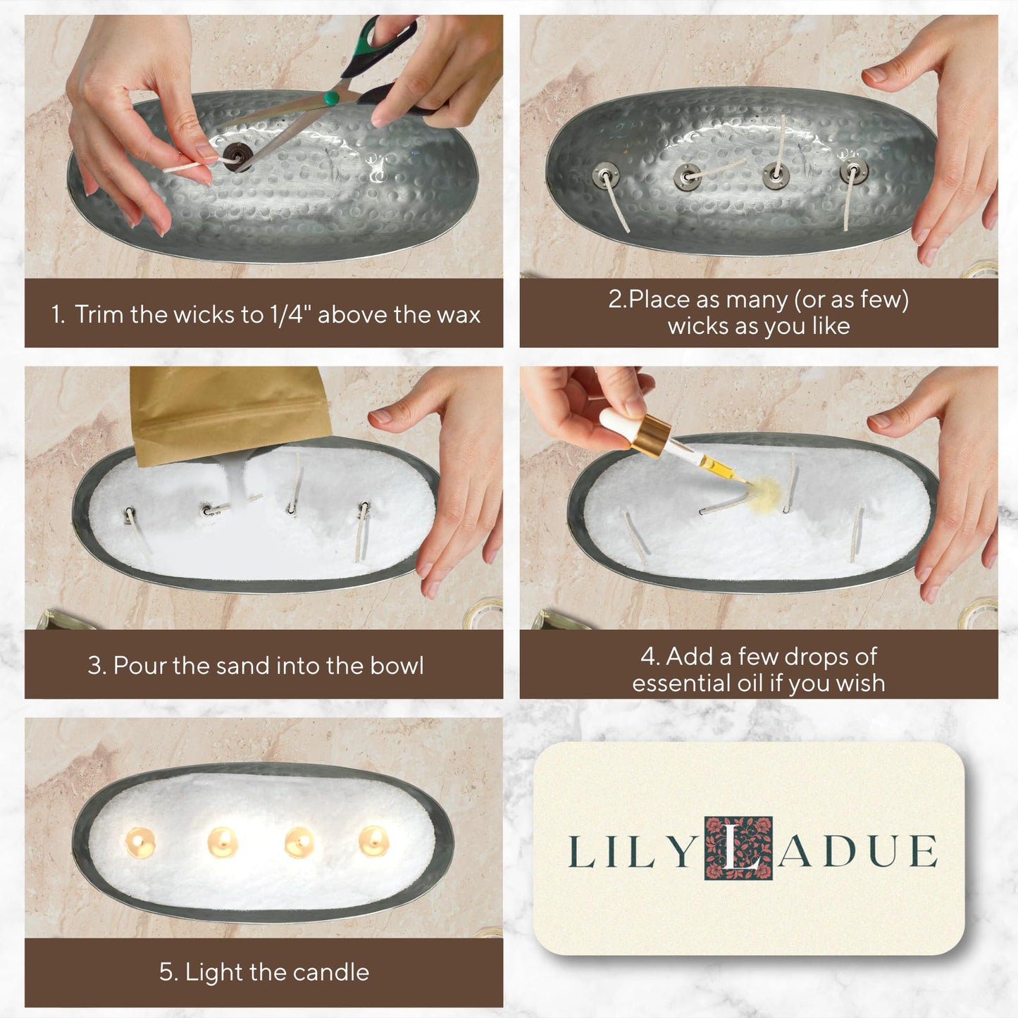 LILY LADUE Sand Candle Kit - 1Lb/16Oz Pearled Candles Sand and Wicks (24) with Silver Holder, Unscented Aroma Beads, Reusable Pearled Candle Wax for DIY Home Kit, Powder Beads Refill Available