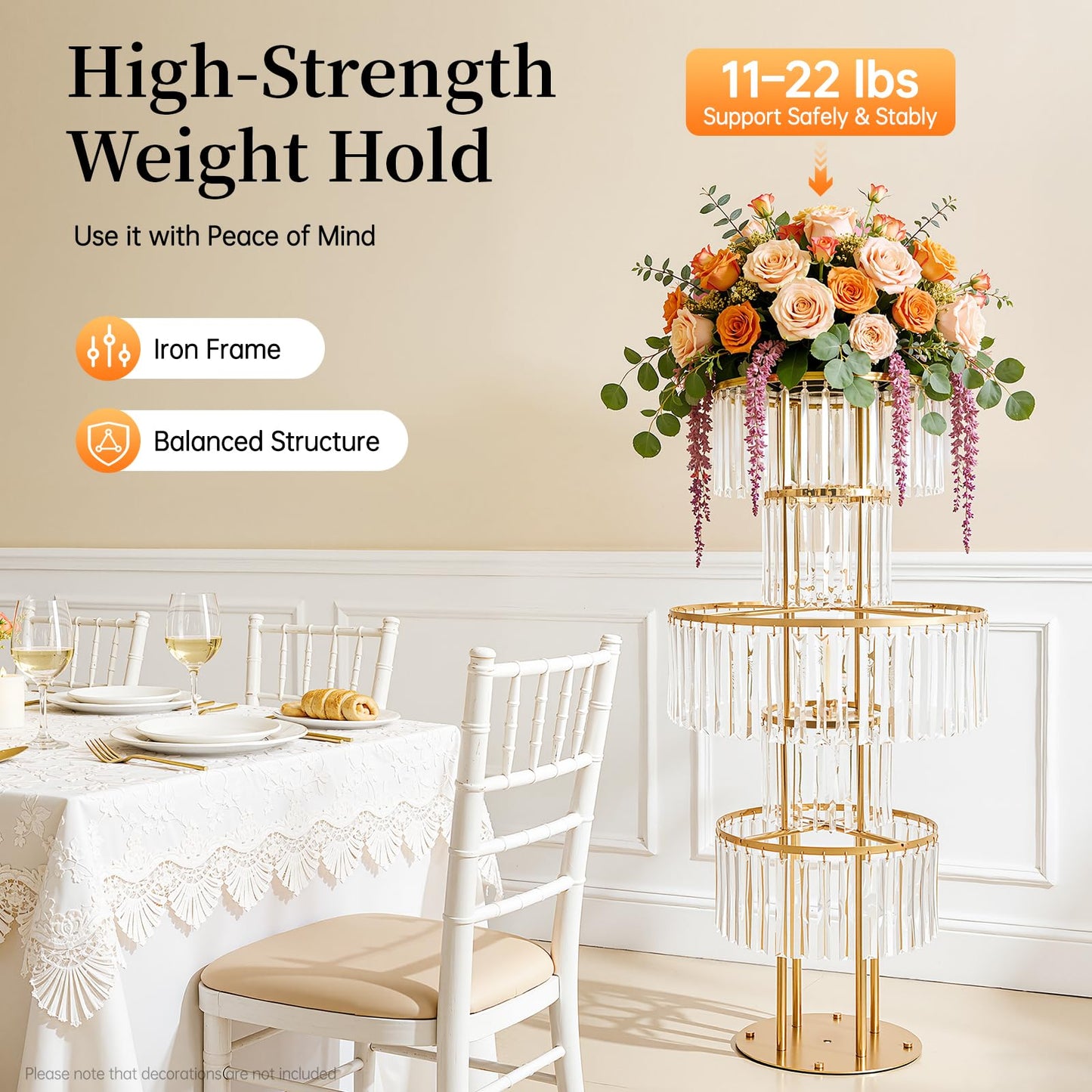 2 PCS Crystal Vases for Centerpieces, 43.3 in Tall Metal Pedestal Stands with Hanging Crystals for Table Chandelier Centerpiece, 5 Tiers Flower Stand for Wedding Reception Party (Gold, Round Base)