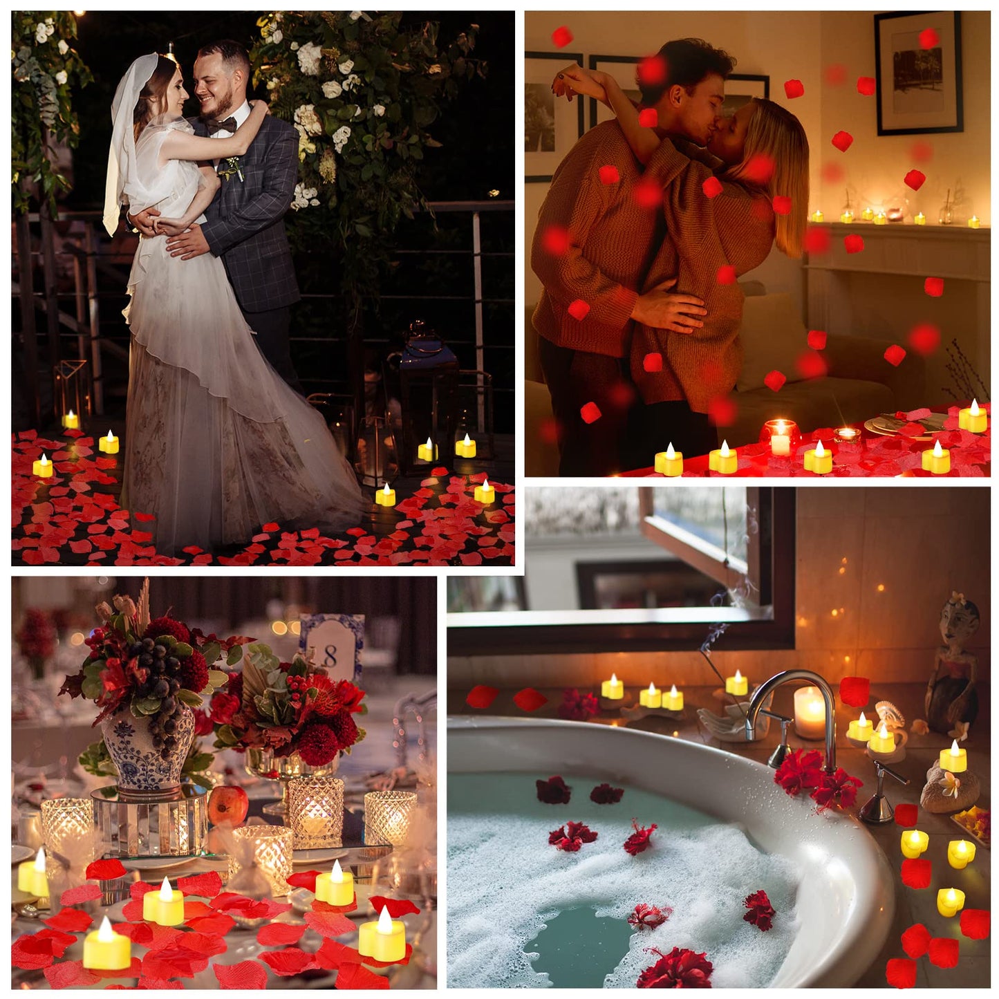 Coume 120 Pcs Romantic LED Heart-Shaped Candles with 6000 Rose Petals Set, Perfect for Weddings, Anniversaries, Home Decor, Date, Valentine’s Day, Battery-Operated, Reusable (Warm White Light)