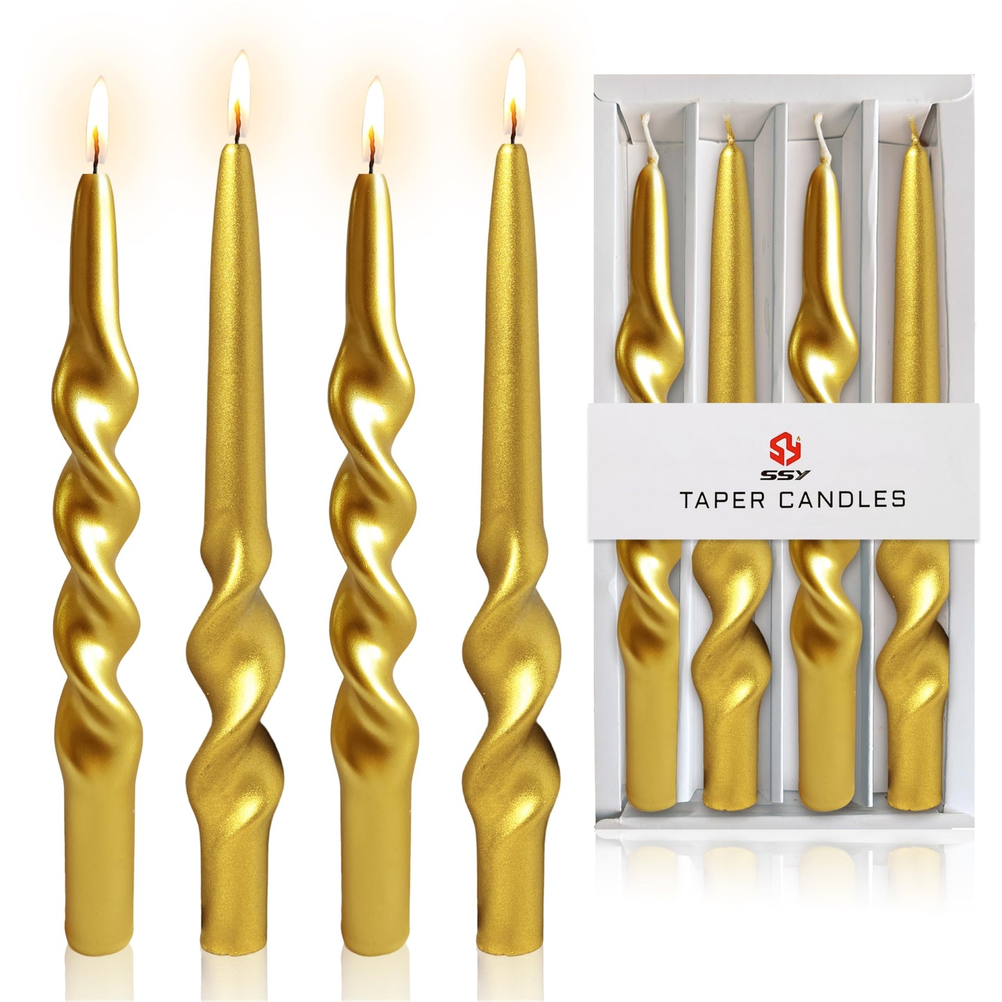 Christmas Spiral Candles Metallic Goldd Taper Candles -10 in Unscented Candlestick for Winter Gift Holiday Christmas Home Decoration Candles, 4 Pack