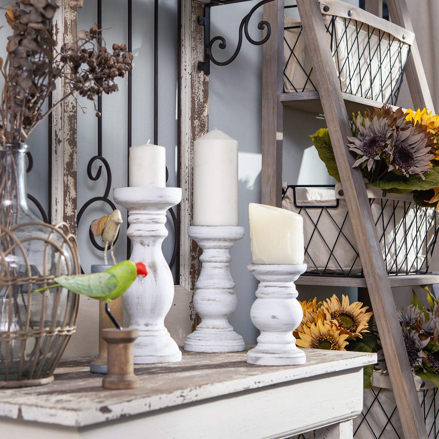 NIKKY HOME Rustic Pillar Candle Holder Set of 3 - Farmhouse Wood Candlestick Stand for Mantle, Fireplace, Dining Table Centerpieces, Distressed White