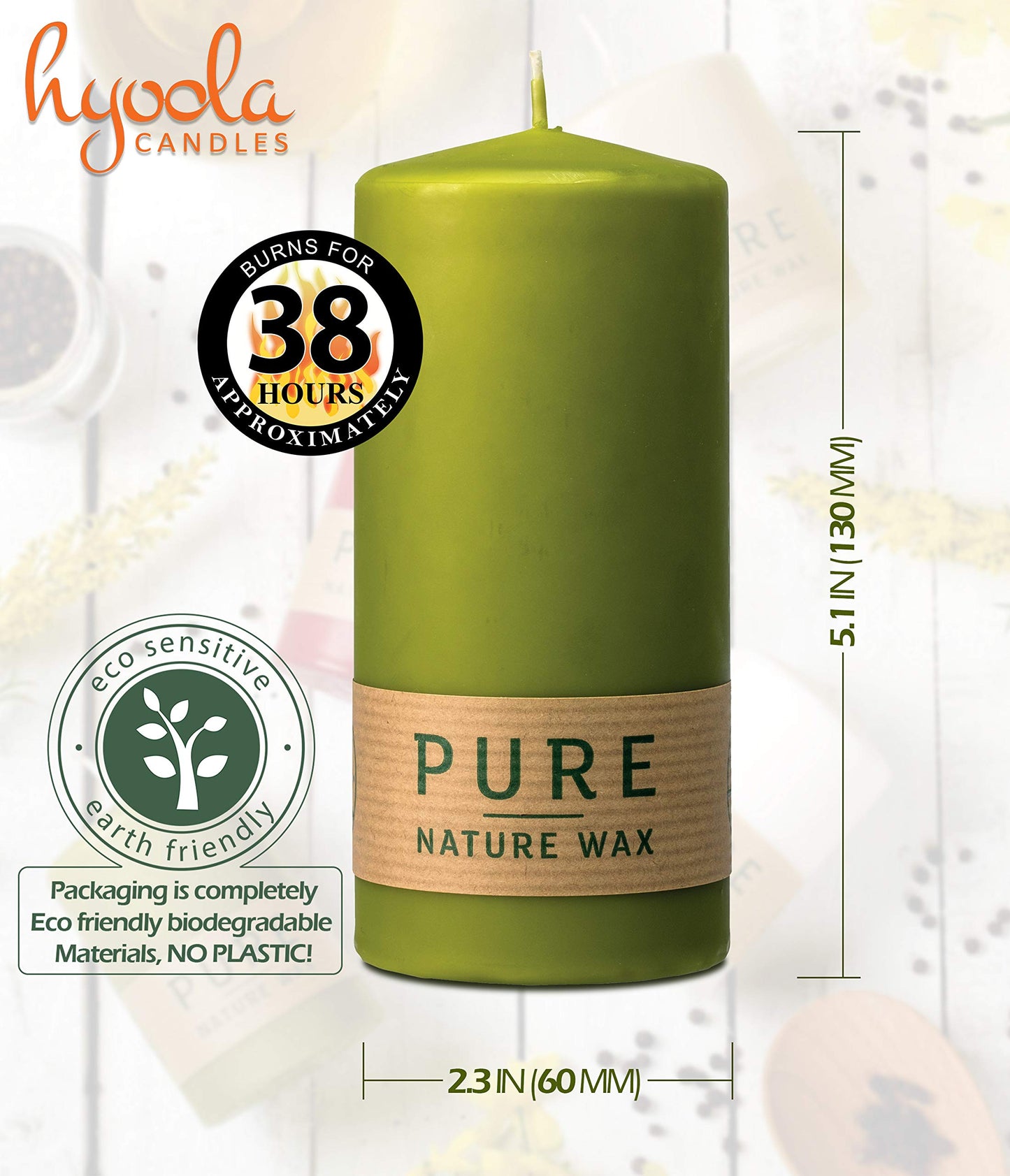 HYOOLA Pure Natural Pillar Candles - Made of 100% Natural Wax - Paraffin Free - 2.3 x 5 Inch - Green Pillar Candles - 4 Pack