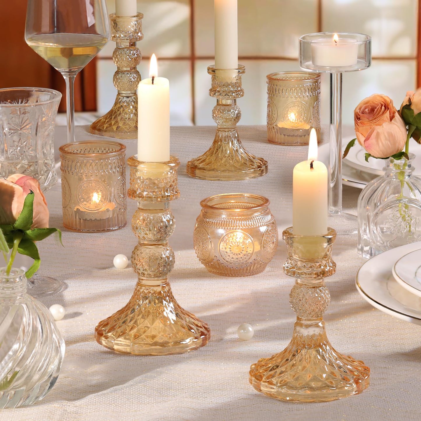 DARJEN Gold Glass Candlestick Holders Set of 6, 4" H & 5" H Taper Candle Holders for Candlesticks & Pillar Candles, Diamond Candle Holders for Wedding Party Table Centerpiece, Home Decor