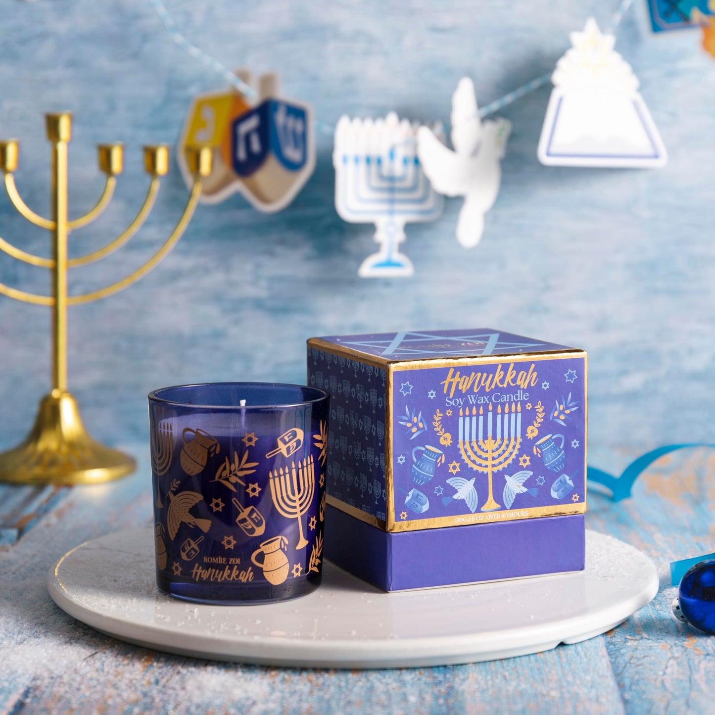 ROMIIE ZOI Hanukkah Scent Candle - 6oz Soy Wax Candle - Hanukkah - Infused with Sandalwood & Bergamot Aroma- Royal Blue Gift Box for Christmas Holiday Gifts