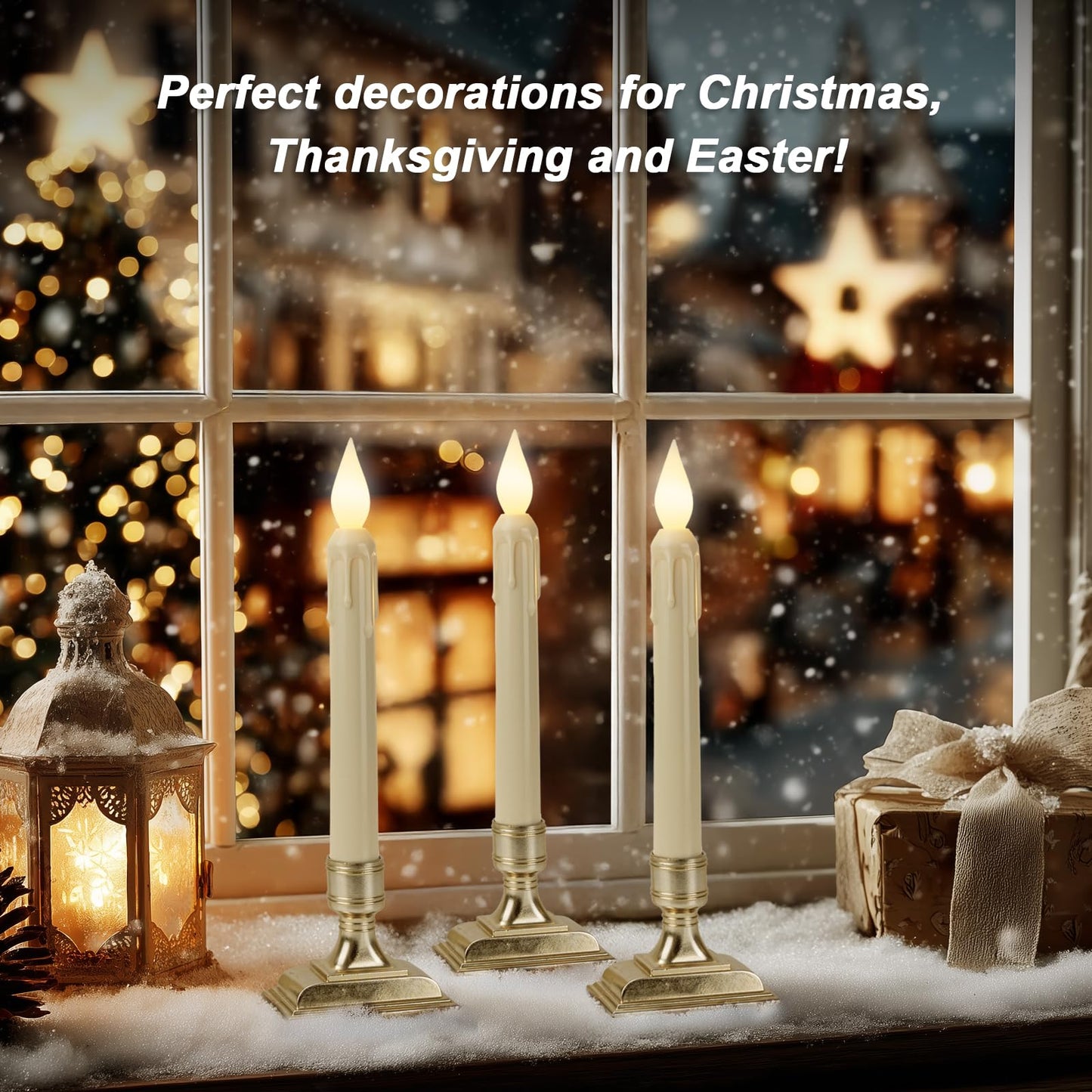 Meigic 6 Pcs Sensor Dawn to Dusk Window Candles, Flickering Battery Candles for Windows, Ultra Bright Fake Candle Lights with Gold Holders, Led Candlesticks for Xmas Home Decor, White Light