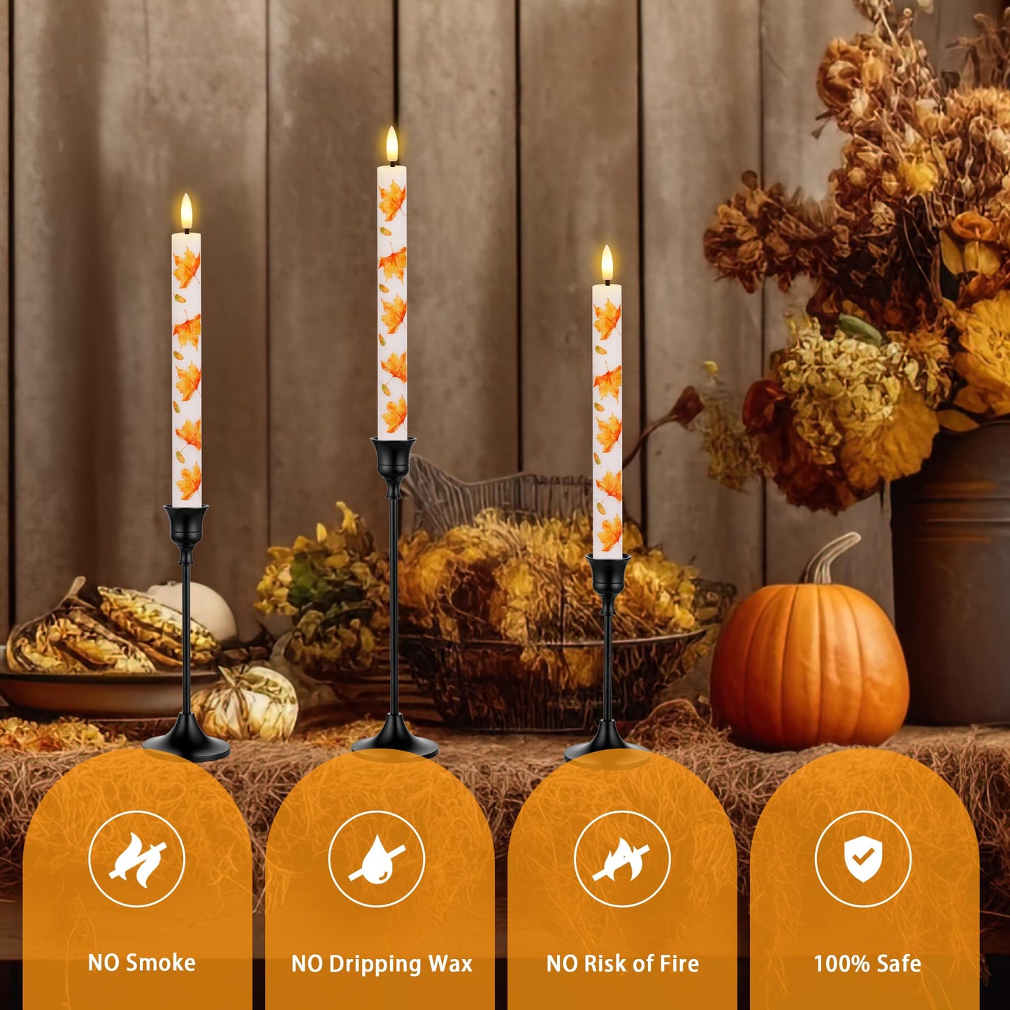 SEHNSY Fall Flameless Taper Candles with Remote, Real Wax Maple Leaf & Acorn Battery Operated Candles,Autumn Led Candlesticks for Fall, Harvest, Thanksgiving, Halloween Decorations for Home Party