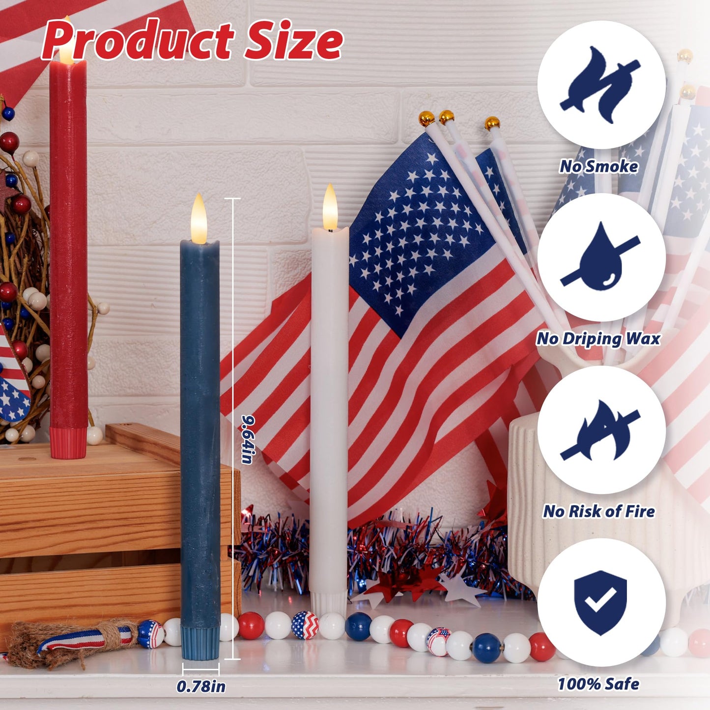 Patriotic Flameless Candles with Remote and Timer, Real Wax Red White and Blue Candles for 4th of July Decorations, 250th Anniversary Battery Operated Candles for Independence Day Celebrations, 3Pack