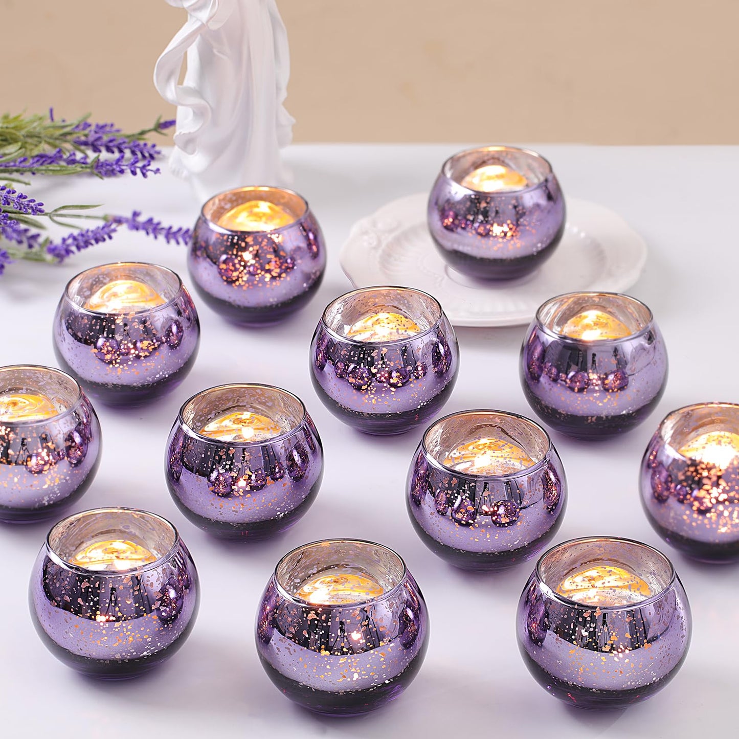 LETINE Purple Mercury Glass Votive Candle Holders - Set of 36 | Elegant Gold Tealight Candle Holders for Table Centerpieces, Spring Summer Weddings, Rehearsal Dinners, Valentine's Day Decorations