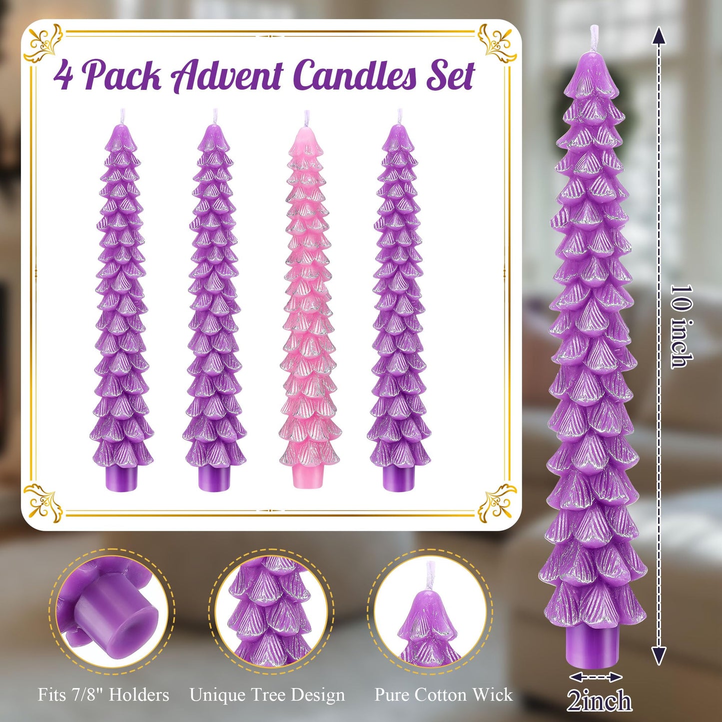 Enhon 4 Pcs Advent Candles Set, 10 Inch Tree Shaped Taper Candles, Unscented Beeswax Christmas Advent Wreath Candle for Xmas, Holiday, Church, Party, or Home Decor (Silver Rim,Purple,Pink)