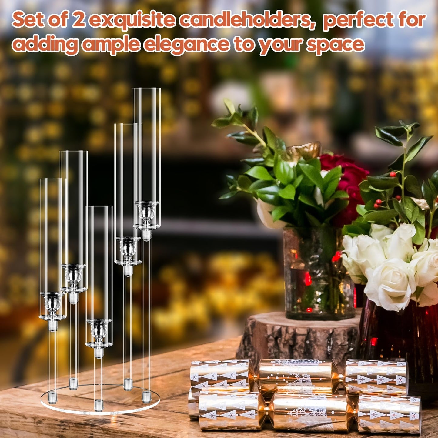 2 Set 5 Arm Acrylic Candle Holder, Mjkeomo 22'' Tall Candelabra Centerpieces for Tables, Candlesticks Holder with Lampshade for Housewarming Gift Fireplace Dinner Decor Fit 0.82'' LED Candle