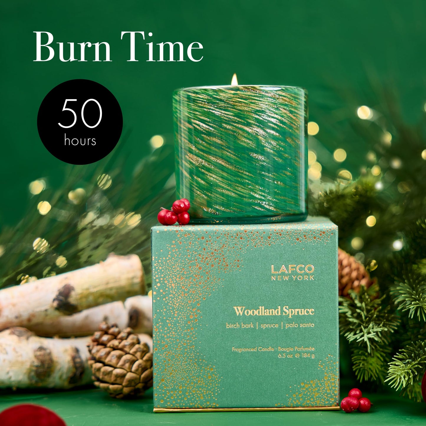 LAFCO New York Holiday Classic Candle, Woodland Spruce - 6.5 oz - 50-Hour Burn Time - Reusable, Hand Blown Glass Vessel - Made in The USA
