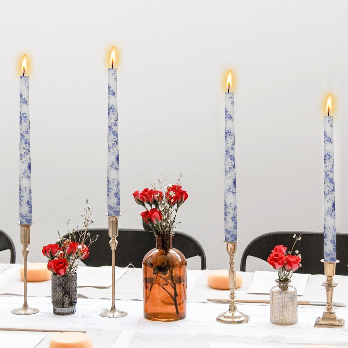 Printed Taper Candles 10 INCH Handmade Candles Unscented Smokeless Candlesticks Blue and White Porcelain Pattern Candle for Home Wedding Dinner Holiday Party