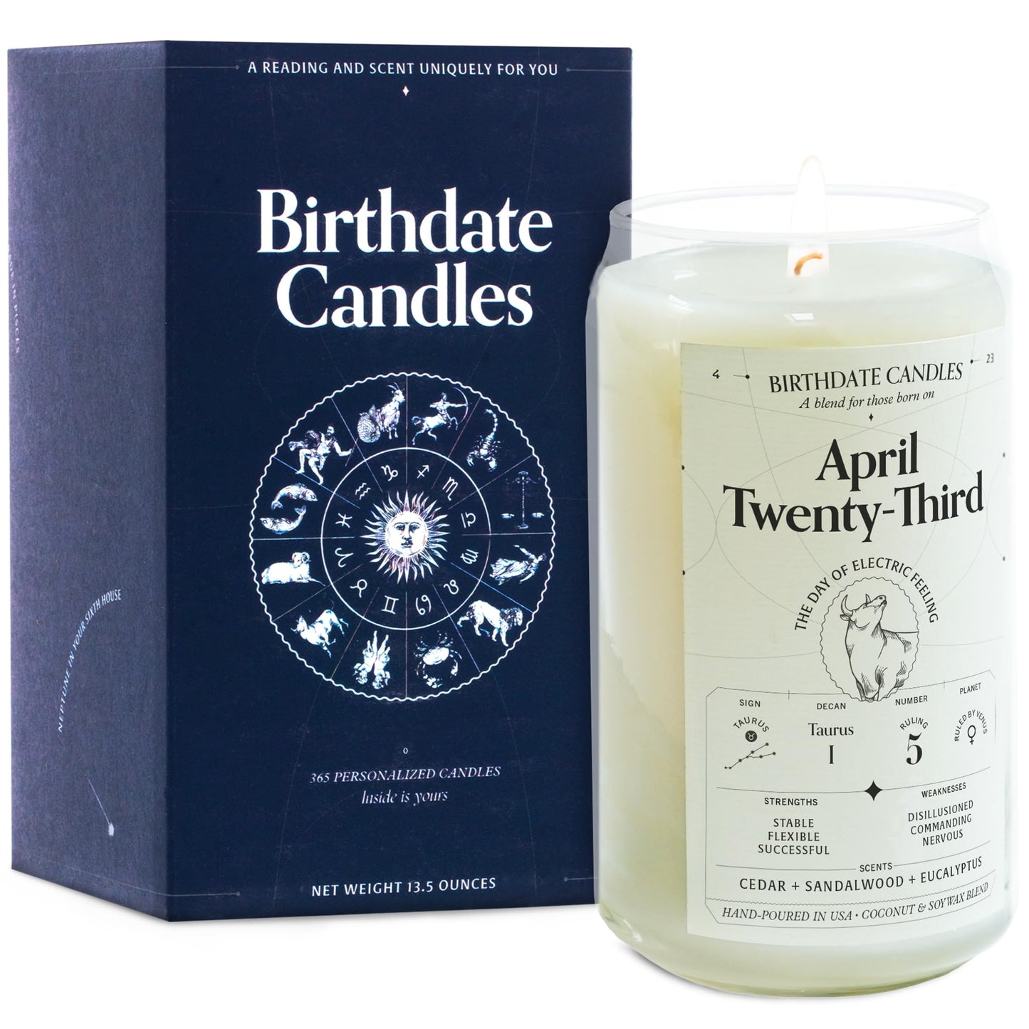 Birthdate Candles, April 23 - Taurus Zodiac Scented Candles Birthday Gift - Cedar, Sandalwood & Eucalyptus Scent - All-Natural Soy & Coconut Wax, 60-80 Hour Burn Time - Made in USA