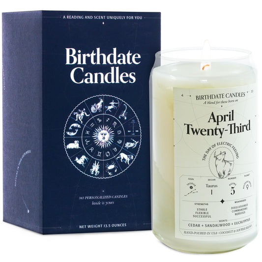 Birthdate Candles, April 23 - Taurus Zodiac Scented Candles Birthday Gift - Cedar, Sandalwood & Eucalyptus Scent - All-Natural Soy & Coconut Wax, 60-80 Hour Burn Time - Made in USA
