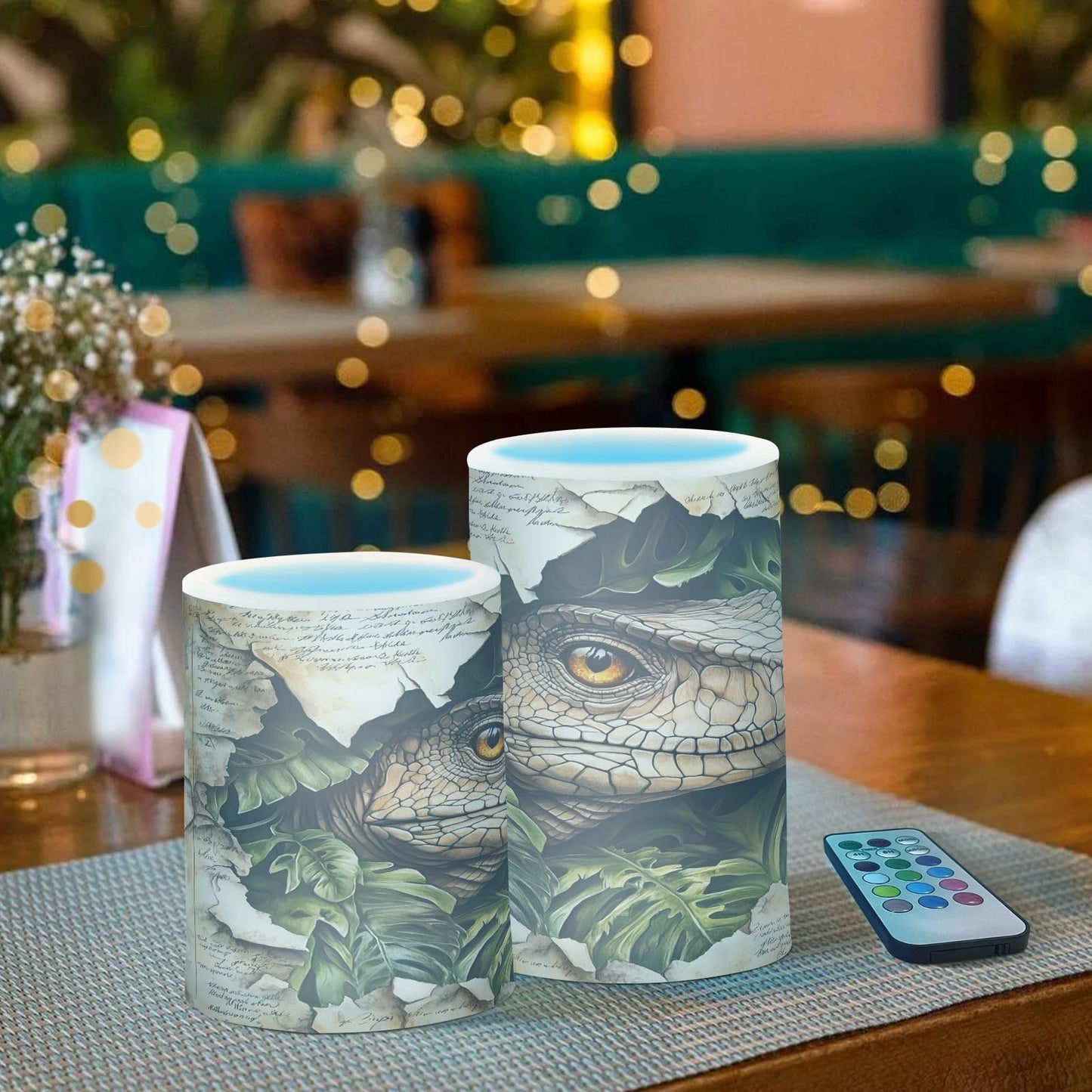 ALAZA Flameless Candles with Remote Timer,Dinosaur Palm Leaves Battery Operated Candles Set of 2 LED Tea Lights Flickering Pillar Votive Candles for Indoor Outdoor Decor