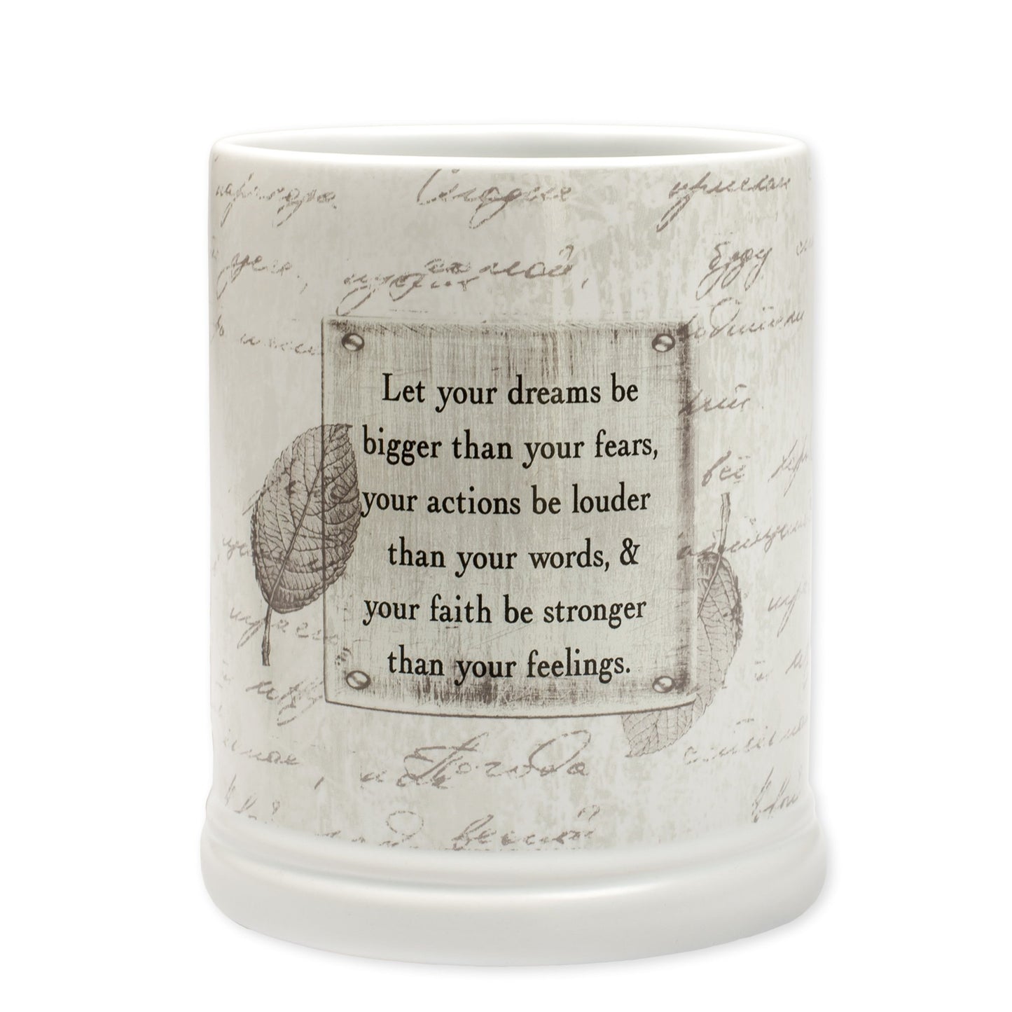 Elanze Designs Dream Bigger Actions Louder Faith Stronger Grey Leaves White Ceramic Stone Jar Warmer