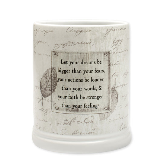 Elanze Designs Dream Bigger Actions Louder Faith Stronger Grey Leaves White Ceramic Stone Jar Warmer
