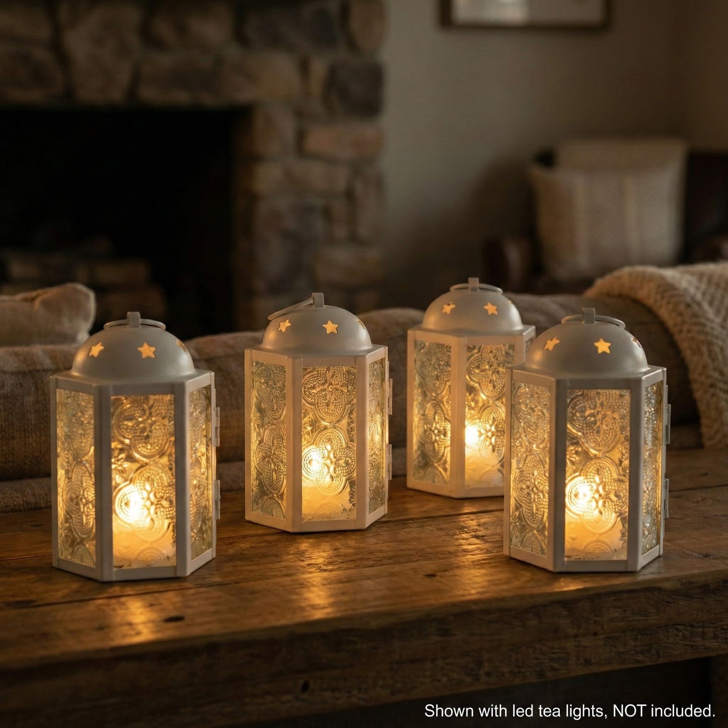 VELA LANTERNS Mini Moroccan Tea Light Candle Holder Lanterns – 4.25" Small Decorative Lantern for Table or Hanging, Metal with Glass Panels – Ramadan, Wedding, Home Decor, Matte White (Set of 4)