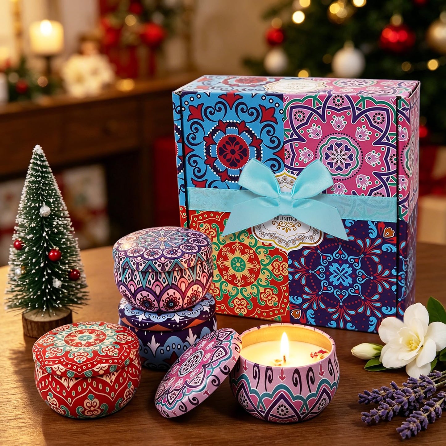 4 Pack Scented Candles for Women Men - 8% Essential Oil Aromatherapy Candle Set, 50H Long Lasting Natural Soy Wax Candles, Travel Tin Gift Box for Stress Relief Spa Yoga Birthday Housewarming Xmas